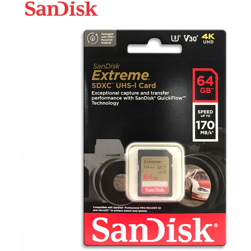 SanDisk Extreme 64GB SDXC spominska kartica + 1 leto RescuePRO Deluxe do170MB/s & 80MB/s branje/zapisovanje