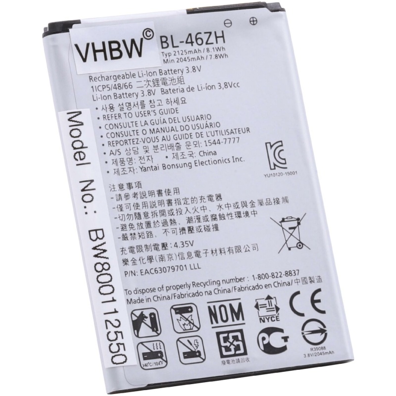 Opis:Nadomestna baterija je izdelana po zasnovi in tehnologiji nemškega proizvajalca VHBW, kar zagotavlja odlično kvalitetoNajsodobnejša tehnologija omogoča veliko ciklov polnjenja in praznjenjaLi-Ion celice so prijazne okolju, obenem pa zagotavljajo delovanje brez spominskega učinkaTermično stikalo ščiti baterijske celice pred pregrevanjem, prenapolnitvijo in kratkim stikomVisoka kapaciteta baterije, podaljšan čas delovanja pri mirovanju naprave, zelo počasno samopraznjenjeBaterijo polnimo z originalnim ali nadomestnim polnilcem100% kompatibilnost z originalno baterijoCertifikati CE in ROHSBulk pakiranjeOriginalne oznake:BL-46ZHEAC63079701Primerno za:LG:Leon Tribute 2, K7, K8 (2016), K8 4G (2016), LS675, D213, H340, L33, X210, MS330, LS675, Tribute 5, AS330, Escape 3 4G, Escape 3 4G LTE, K332, K350N, K371, K373, K7 Dual SIM, K7 Dual SIM TD-LTE, K7 HSPA, K7 LTE, K8, K8 4G, K89, LS675 Tribute, M1, M1V, Phoenix 2, Tribute 5, US375Lastnosti:Proizvajalec: VHBWVrsta: Li-IonNapetost: 3,8 VKapaciteta: 2.125 mAh (8,1 Wh)