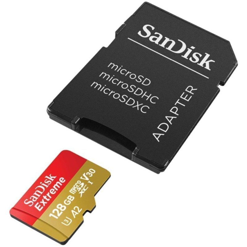 SanDisk Extreme microSDXC 128GB for Action Cams and Drones + SD Adapter 190MB/s & 90MB/s A2 C10 V30 UHS-I U3