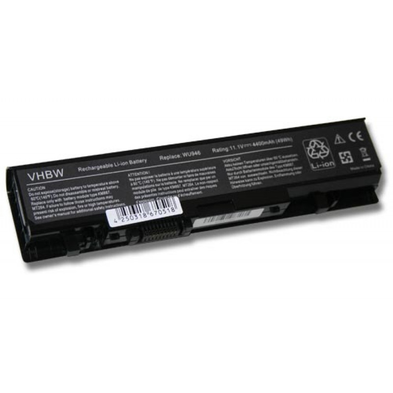 Opis:Nadomestna baterija je izdelana po zasnovi in tehnologiji nemškega proizvajalca VHBW, kar zagotavlja odlično kvalitetoNajsodobnejša tehnologija omogoča veliko ciklov polnjenja in praznjenjaLi-Ion celice so prijazne okolju, obenem pa zagotavljajo delovanje brez spominskega učinkaTermično stikalo ščiti baterijske celice pred pregrevanjem, prenapolnitvijo in kratkim stikomVisoka kapaciteta baterije, podaljšan čas delovanja pri mirovanju naprave, zelo počasno samopraznjenje100% kompatibilnost z originalno baterijoBaterijo polnimo z originalnim ali nadomestnim polnilcemCertifikati CE in ROHSOriginalne oznake:KM887KM898KM901KM958MT275MT276MT277PW772RM803RM804WU946WU959WU960312-0701A2990667KM887KM898KM901KM958MT275MT276MT277PW772RM803RM804WU946WU959WU960Primerno za:Dell Studio:15, 1535, 1536, 1537, 1555, 1557, 1558Lastnosti:Proizvajalec: VHBWBarva: črnaVrsta: Li-IonNapetost: 11,1 VKapaciteta: 4.400 mAh (49 Wh)Število celic: 6