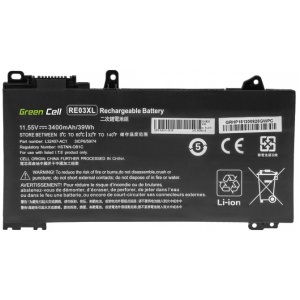 <b>Opis:</b><br><ul><li>Nadomestna baterija je izdelana po zasnovi in tehnologiji proizvajalca Green Cell, kar zagotavlja odlično kvaliteto<br></li><li>Najsodobnejša tehnologija omogoča veliko ciklov polnjenja in praznjenja<br></li><li>Li-Polymer celice so prijazne okolju, obenem pa zagotavljajo delovanje brez spominskega učinka<br></li><li>Termično stikalo ščiti baterijske celice pred pregrevanjem, prenapolnitvijo in kratkim stikom<br></li><li>Visoka kapaciteta baterije, podaljšan čas delovanja pri mirovanju naprave, zelo počasno samopraznjenje<br></li><li>100% kompatibilnost z originalno baterijo</li><li>Baterijo polnimo z originalnim ali nadomestnim polnilcem</li><li>Certifikati CE in ROHS</li></ul><br><br><p><b>Originalne oznake:</b><br></p><ul><li>HSTNN-0B1C<br></li><li >HSTNN-DB9A</li><li >HSTNN-OB1C</li><li >HSTNN-UB7R</li><li >L32407-2B1</li><li >L32407-2C1</li><li >L32407-2C2</li><li >L32407-541</li><li >L32407-AC1</li><li >L32656-002</li><li >L32656-005</li><li >RE03XL</li></ul><br><b>Primerno za:</b><br>HP: <br><ul><li>ProBook 430 G6, ProBook 440 G6, ProBook 445 G6, ProBook 450 G6, ProBook 455R G6, ProBook 450 G7<br></li></ul><br><br><b>Lastnosti:</b><ul><li>Proizvajalec: Green Cell</li><li>Vrsta: Li-Polymer</li><li>Napetost: 11,55 V</li><li>Kapaciteta: 3.400 mAh (39 Wh)</li></ul><br>