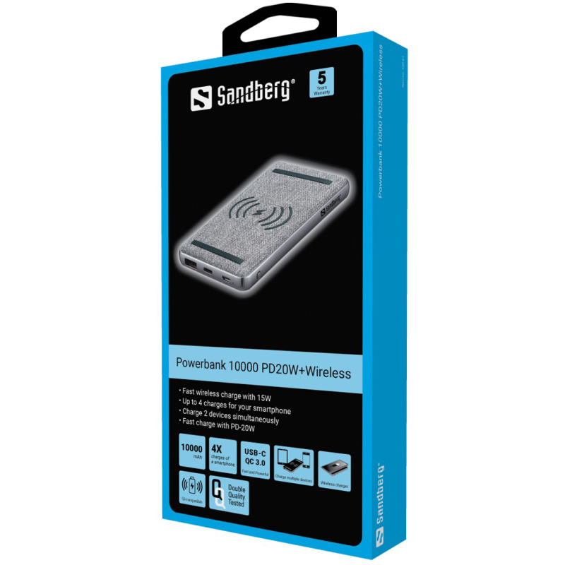 Sandberg Powerbank 10000 mAh PD 20W + QI Wireless prenosna baterija - Image 2