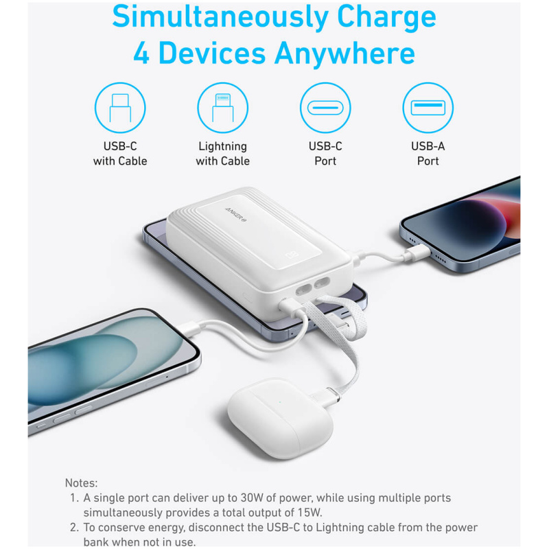 Anker Zolo Powerbank 20000 mAh, 30W z vgrajenima kabloma USB-C + Lightning, moder - Image 4