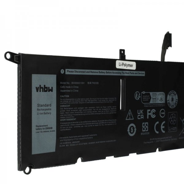 Opis:Nadomestna baterija je izdelana po zasnovi in tehnologiji nemškega proizvajalca VHBW, kar zagotavlja odlično kvalitetoNajsodobnejša tehnologija omogoča veliko ciklov polnjenja in praznjenjaLi-Polymer celice so prijazne okolju, obenem pa zagotavljajo delovanje brez spominskega učinkaTermično stikalo ščiti baterijske celice pred pregrevanjem, prenapolnitvijo in kratkim stikomVisoka kapaciteta baterije, podaljšan čas delovanja pri mirovanju naprave, zelo počasno samopraznjenje100% kompatibilnost z originalno baterijoBaterijo polnimo z originalnim ali nadomestnim polnilcemCertifikati CE in ROHSOriginalne oznake:DGV24DXGH80H754V0V48RMG8VCFHK6N5H754VV48RMP82GP82G001P82G002P113G001P114G001P115G001Primerno za:Dell:XPS 13 9370, XPS 13 9380, Dell XPS 13 7390Inspiron 13 3301, Inspiron 13 5390, Inspiron 13 5391, Inspiron 13 7390, Inspiron 14 7490, Inspiron 7390 2-in-1, Inspiron 7391 2-in-1Vostro 13 5390, Vostro 13 5391Lastnosti:Proizvajalec: VHBWBarva: črnaVrsta: Li-PolymerNapetost: 7,6 VKapaciteta: 4.400 mAh (33,44 Wh)