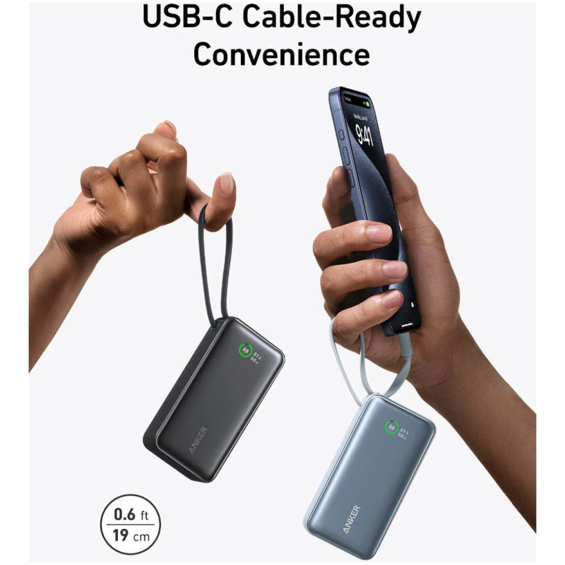 Anker 545 Nano powerbank 10K z vgrajenim kablom USB-C, črn - Image 3