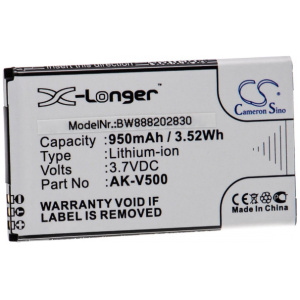 <b>Opis:</b><br><ul><li>Nadomestna baterija je izdelana po zasnovi in tehnologiji nemškega proizvajalca VHBW, kar zagotavlja odlično kvaliteto<br></li><li>Najsodobnejša tehnologija omogoča veliko ciklov polnjenja in praznjenja<br></li><li>Li-Ion celice so prijazne okolju, obenem pa zagotavljajo delovanje brez spominskega učinka<br></li><li>Termično stikalo ščiti baterijske celice pred pregrevanjem, prenapolnitvijo in kratkim stikom<br></li><li>Visoka kapaciteta baterije, podaljšan čas delovanja pri mirovanju naprave, zelo počasno samopraznjenje<br></li><li>100% kompatibilnost z originalno baterijo</li><li>Baterijo polnimo z originalnim ali nadomestnim polnilcem</li><li>Certifikati CE in ROHS</li></ul><br><br><p><b>Originalne oznake:</b></p><ul><li>AK-V500<br></li></ul><br><p><b>Primerno za:</b></p><ul></ul><br>Emporia:<br><ul><li>Prime, V500</li></ul><br><b>Lastnosti:</b><ul><li>Proizvajalec: VHBW</li><li>Vrsta: Li-Ion</li><li>Napetost: 3,7 V</li><li>Kapaciteta: 950 mAh (3,52 Wh)</li></ul><br>