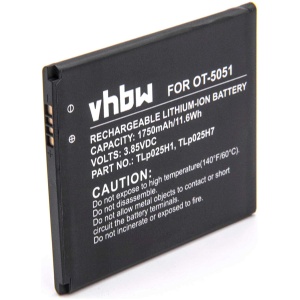 <b>Opis:</b><br><ul><li>Nadomestna baterija je izdelana po zasnovi in tehnologiji nemškega proizvajalca VHBW, kar zagotavlja odlično kvaliteto<br></li><li>Najsodobnejša tehnologija omogoča veliko ciklov polnjenja in praznjenja<br></li><li>Li-Polymer celice so prijazne okolju, obenem pa zagotavljajo delovanje brez spominskega učinka<br></li><li>Termično stikalo ščiti baterijske celice pred pregrevanjem, prenapolnitvijo in kratkim stikom<br></li><li>Visoka kapaciteta baterije, podaljšan čas delovanja pri mirovanju naprave, zelo počasno samopraznjenje<br></li><li>100% kompatibilnost z originalno baterijo</li><li>Baterijo polnimo z originalnim ali nadomestnim polnilcem</li><li>Certifikati CE in ROHS</li></ul><br><br><p><b>Originalne oznake:</b></p><ul><li>TLp025H</li><li>TLp025H1</li></ul><br><br><p><b>Primerno za:</b></p><p>Alcatel:</p><ul><li>One Touch POP 4, One Touch POP 4 LTE, OT-5051, OT-5051</li></ul><br><b>Lastnosti:</b><ul><li>Proizvajalec: VHBW</li><li>Vrsta: Li-Polymer</li><li>Napetost: 3,85 V</li><li>Kapaciteta: 1.750 mAh</li></ul><br>