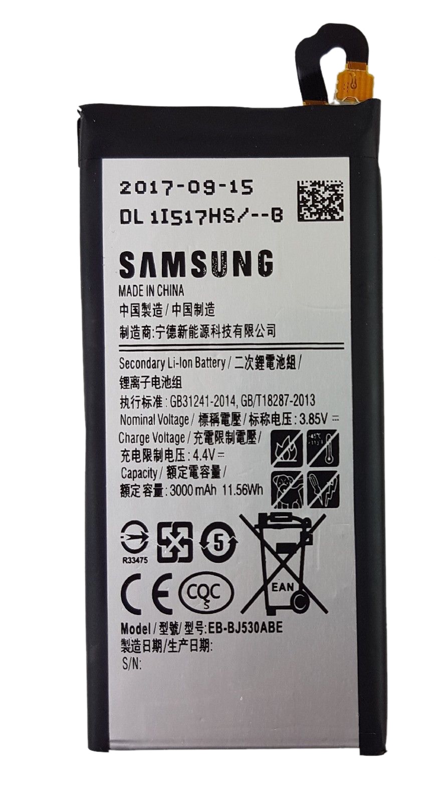 Opis:Originalna baterija proizvajalca SamsungNajsodobnejša tehnologija omogoča veliko ciklov polnjenja in praznjenjaLi-Ion celice so prijazne okolju, obenem pa zagotavljajo delovanje brez spominskega učinkaTermično stikalo ščiti baterijske celice pred pregrevanjem, prenapolnitvijo in kratkim stikomVisoka kapaciteta baterije, podaljšan čas delovanja pri mirovanju naprave, zelo počasno samopraznjenjeBaterijo polnimo z originalnim ali nadomestnim polnilcemCertifikati CE in ROHSOriginalne oznake:EB-BJ530ABEPrimerno za:Samsung:Galaxy J5 (2017), Galaxy J5 2017 Duos TD-LTE, Galaxy J5 2017 TD-LTE, Galaxy J5 2017 Pro, Galaxy J5 Pro 2017 Duos TD-LTE, SM-J530F/DS, SM-J530FM/DS, SM-J530K, SM-J530L, SM-J530S, SM-J530Y/DS, SM-J530YM/DSLastnosti:Proizvajalec: SamsungVrsta: Li-IonNapetost: 3,85 VKapaciteta: 3.000 mAh (11,56 Wh)