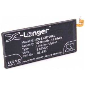 <b>Opis:</b><br><ul><li>Nadomestna baterija je izdelana po zasnovi in tehnologiji nemškega proizvajalca VHBW, kar zagotavlja odlično kvaliteto<br></li><li>Najsodobnejša tehnologija omogoča veliko ciklov polnjenja in praznjenja<br></li><li>Li-Polymer celice so prijazne okolju, obenem pa zagotavljajo delovanje brez spominskega učinka<br></li><li>Termično stikalo ščiti baterijske celice pred pregrevanjem, prenapolnitvijo in kratkim stikom<br></li><li>Visoka kapaciteta baterije, podaljšan čas delovanja pri mirovanju naprave, zelo počasno samopraznjenje<br></li><li>100% kompatibilnost z originalno baterijo</li><li>Baterijo polnimo z originalnim ali nadomestnim polnilcem</li><li>Certifikati CE in ROHS</li></ul><br><br><p><b>Originalne oznake:</b><br></p><ul><li>BL-T33<br></li></ul><br><p><b>Primerno za:</b></p>LG:<br><ul><li>M700a, M700AN, M700DSK, M700N, Q6, Q6a</li></ul><br><b>Lastnosti:</b><ul><li>Proizvajalec: VHBW</li><li>Vrsta: Li-Polymer</li><li>Napetost: 3,85 V</li><li>Kapaciteta: 3.000 mAh (11,55 Wh)</li></ul><br>