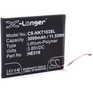 <b>Opis:</b><br><ul><li>Nadomestna baterija je izdelana po zasnovi in tehnologiji nemškega proizvajalca VHBW, kar zagotavlja odlično kvaliteto<br></li><li>Najsodobnejša tehnologija omogoča veliko ciklov polnjenja in praznjenja<br></li><li>Li-Polymer celice so prijazne okolju, obenem pa zagotavljajo delovanje brez spominskega učinka<br></li><li>Termično stikalo ščiti baterijske celice pred pregrevanjem, prenapolnitvijo in kratkim stikom<br></li><li>Visoka kapaciteta baterije, podaljšan čas delovanja pri mirovanju naprave, zelo počasno samopraznjenje<br></li><li>100% kompatibilnost z originalno baterijo</li><li>Baterijo polnimo z originalnim ali nadomestnim polnilcem</li><li>Certifikati CE in ROHS</li></ul><br><br><p><b>Originalne oznake:</b></p><ul><li>HE316</li></ul><br><p><b>Primerno za:</b></p><ul></ul><br>Nokia:<br><ul><li>Nokia 6, 6 Dual SIM, HMD D1C, Nokia 6, TA-1000, TA-1003, TA-1021, TA-1025, TA-1033, TA-1039</li></ul><br><b>Lastnosti:</b><ul><li>Proizvajalec: VHBW</li><li>Vrsta: Li-Polymer</li><li>Napetost: 3,85 V</li><li>Kapaciteta: 3.000 mAh (11,55 Wh)</li></ul><br>