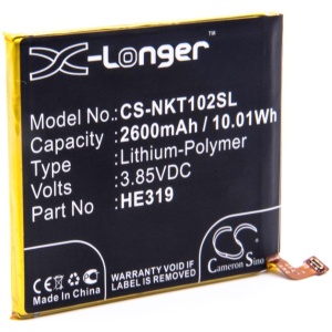 <b>Opis:</b><br><ul><li>Nadomestna baterija je izdelana po zasnovi in tehnologiji nemškega proizvajalca VHBW, kar zagotavlja odlično kvaliteto<br></li><li>Najsodobnejša tehnologija omogoča veliko ciklov polnjenja in praznjenja<br></li><li>Li-Polymer celice so prijazne okolju, obenem pa zagotavljajo delovanje brez spominskega učinka<br></li><li>Termično stikalo ščiti baterijske celice pred pregrevanjem, prenapolnitvijo in kratkim stikom<br></li><li>Visoka kapaciteta baterije, podaljšan čas delovanja pri mirovanju naprave, zelo počasno samopraznjenje<br></li><li>100% kompatibilnost z originalno baterijo</li><li>Baterijo polnimo z originalnim ali nadomestnim polnilcem</li><li>Certifikati CE in ROHS</li></ul><br><br><p><b>Originalne oznake:</b></p><ul><li>HE319<br></li></ul><br><p><b>Primerno za:</b></p><ul></ul><br>Nokia:<br><ul><li>Nokia 3, TA-1020, TA-1028, TA-1032, TA-1038</li></ul><br><b>Lastnosti:</b><ul><li>Proizvajalec: VHBW</li><li>Vrsta: Li-Polymer</li><li>Napetost: 3,85 V</li><li>Kapaciteta: 2.600 mAh (10,01 Wh)</li></ul><br>