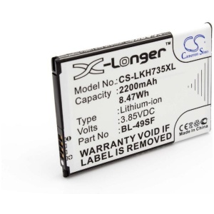 <b>Opis:</b><br><ul><li>Nadomestna baterija je izdelana po zasnovi in tehnologiji nemškega proizvajalca VHBW, kar zagotavlja odlično kvaliteto<br></li><li>Najsodobnejša tehnologija omogoča veliko ciklov polnjenja in praznjenja<br></li><li>Li-Ion celice so prijazne okolju, obenem pa zagotavljajo delovanje brez spominskega učinka<br></li><li>Termično stikalo ščiti baterijske celice pred pregrevanjem, prenapolnitvijo in kratkim stikom<br></li><li>Visoka kapaciteta baterije, podaljšan čas delovanja pri mirovanju naprave, zelo počasno samopraznjenje<br></li><li>100% kompatibilnost z originalno baterijo</li><li>Baterijo polnimo z originalnim ali nadomestnim polnilcem</li><li>Certifikati CE in ROHS</li></ul><br><br><p><b>Originalne oznake:</b><br></p><ul><li>BL-49SF</li><li>EAC92919001<br></li></ul><br><p><b>Primerno za:</b></p>LG:<br><ul><li>G4S, G4 Beat, G4 Mini, G4C, G4S Dual SIM, H515, H525N, H731, H734, H735, H735L, H735T, H735TR, H736, H736</li></ul><br><b>Lastnosti:</b><ul><li>Proizvajalec: VHBW</li><li>Vrsta: Li-ion</li><li>Napetost: 3,85 V</li><li>Kapaciteta: 2.200 mAh (8,47 Wh)</li></ul><br>
