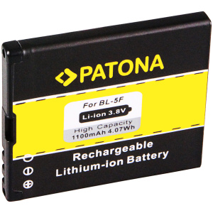 <b>Opis:</b><br><ul><li>Nadomestna baterija je izdelana po zasnovi in tehnologiji nemškega proizvajalca Patona, kar zagotavlja odlično kvaliteto<br></li><li>Najsodobnejša tehnologija omogoča veliko ciklov polnjenja in praznjenja<br></li><li>Li-Ion celice so prijazne okolju, obenem pa zagotavljajo delovanje brez spominskega učinka<br></li><li>Termično stikalo ščiti baterijske celice pred pregrevanjem, prenapolnitvijo in kratkim stikom<br></li><li>Visoka kapaciteta baterije, podaljšan čas delovanja pri mirovanju naprave, zelo počasno samopraznjenje<br></li><li>100% kompatibilnost z originalno baterijo</li><li>Baterijo polnimo z originalnim ali nadomestnim polnilcem</li><li>Certifikati CE in ROHS</li></ul><br><br><p><b>Originalne oznake:</b></p><ul><li>BL-5F<br></li></ul><br><p><b>Primerno za:</b></p><ul></ul><br>Nokia<br><ul><li>6210 Navigator, 6210S, 6710 Navigator, 6290, E65, N93i, N95, N96, X5-00</li></ul><br>Emporia:<br><ul><li>Telme C145</li></ul><br>Beafon:<br><ul><li>S30, S31, S31 EU001B, Classic Line C250, Classic Line C260<br></li></ul><br><b>Lastnosti:</b><ul><li>Proizvajalec: Patona</li><li>Vrsta: Li-Ion</li><li>Napetost: 3,7 V</li><li>Kapaciteta: 1.100 mAh (4,1 Wh)</li></ul><br>