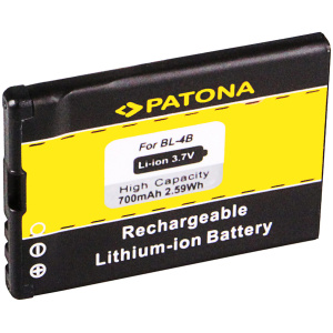 <b>Opis:</b><br><ul><li>Nadomestna baterija je izdelana po zasnovi in tehnologiji nemškega proizvajalca Patona, kar zagotavlja odlično kvaliteto<br></li><li>Najsodobnejša tehnologija omogoča veliko ciklov polnjenja in praznjenja<br></li><li>Li-Ion celice so prijazne okolju, obenem pa zagotavljajo delovanje brez spominskega učinka<br></li><li>Termično stikalo ščiti baterijske celice pred pregrevanjem, prenapolnitvijo in kratkim stikom<br></li><li>Visoka kapaciteta baterije, podaljšan čas delovanja pri mirovanju naprave, zelo počasno samopraznjenje<br></li><li>100% kompatibilnost z originalno baterijo</li><li>Baterijo polnimo z originalnim ali nadomestnim polnilcem</li><li>Certifikati CE in ROHS</li></ul><br><br><p><b>Originalne oznake:</b></p><ul><li>BL-4B</li><li>BL-4BA<br></li></ul><br><p><b>Primerno za:</b></p><ul></ul><br>Nokia<br><ul><li>1606, 2505, 2630, 2660, 2760, 3606, 5000, 6111, 7070, 7088, 7370, 7373, N75 Prism, N76 Prism, 6125, 6131, 7070 Prism, 7088, 7360, 7370, 7373, 7500</li></ul><br><b>Lastnosti:</b><ul><li>Proizvajalec: Patona</li><li>Vrsta: Li-Ion</li><li>Napetost: 3,7 V</li><li>Kapaciteta: 700 mAh (2,59 Wh)</li></ul><br>