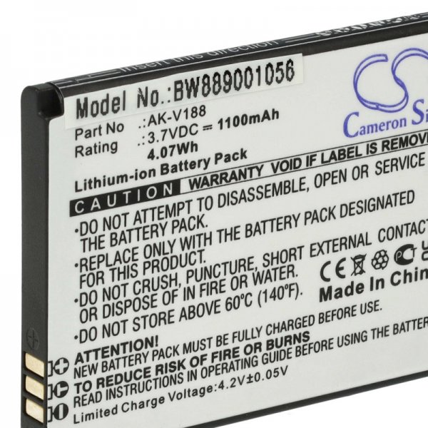 Opis:Nadomestna baterija je izdelana po zasnovi in tehnologiji nemškega proizvajalca VHBW, kar zagotavlja odlično kvalitetoNajsodobnejša tehnologija omogoča veliko ciklov polnjenja in praznjenjaLi-Ion celice so prijazne okolju, obenem pa zagotavljajo delovanje brez spominskega učinkaTermično stikalo ščiti baterijske celice pred pregrevanjem, prenapolnitvijo in kratkim stikomVisoka kapaciteta baterije, podaljšan čas delovanja pri mirovanju naprave, zelo počasno samopraznjenje100% kompatibilnost z originalno baterijoBaterijo polnimo z originalnim ali nadomestnim polnilcemCertifikati CE in ROHSOriginalne oznake:AK-V188Primerno za:Emporia:TouchSmart, TouchSmart V188Lastnosti:Proizvajalec: VHBWVrsta: Li-IonNapetost: 3,7 VKapaciteta: 1.100 mAh (4,07 Wh)