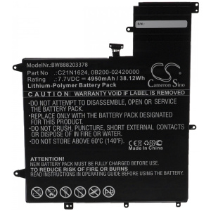 <b>Opis:</b><br><ul><li>Nadomestna baterija je izdelana po zasnovi in tehnologiji nemškega proizvajalca VHBW, kar zagotavlja odlično kvaliteto<br></li><li>Najsodobnejša tehnologija omogoča veliko ciklov polnjenja in praznjenja<br></li><li>Li-Polymer  celice so prijazne okolju, obenem pa zagotavljajo delovanje brez spominskega učinka<br></li><li>Termično stikalo ščiti baterijske celice pred pregrevanjem, prenapolnitvijo in kratkim stikom<br></li><li>Visoka kapaciteta baterije, podaljšan čas delovanja pri mirovanju naprave, zelo počasno samopraznjenje<br></li><li>100% kompatibilnost z originalno baterijo</li><li>Baterijo polnimo z originalnim ali nadomestnim polnilcem</li><li>Certifikati CE in ROHS</li></ul><br><p><b>Originalne oznake:</b></p><ul><li><li>C21N1624</li><li>0B200-02420000</li></li></ul><br><br><p><b>Primerno za:</b></p><ul></ul><br>Asus:<br><ul><li>ZenBook Flip S UX370UA-C4061T, ZenBook Flip S UX370UA-C4202T, ZenBook Flip S UX370UA-C4219T, ZenBook Flip S UX370UA-XB74T-BL, ZenBook Flip S UX370UA-C4198R, ZenBook Flip S UX370UA-C4093T, ZenBook Flip S UX370UA-C4227T, ZenBook Flip S UX370UA-C4237R, ZenBook Flip S UX370UA-C4129T, ZenBook Flip S UX370UA-C4016T, ZenBook Flip S UX370UA-C4201T, ZenBook Flip S UX370UA-C4143R, ZenBook Flip S UX370UA-C4198T, ZenBook Flip S UX370UA-C4221T, ZenBook Flip S UX370UA-C4196R, ZenBook Flip S UX370UA-C4072T, ZenBook Flip S UX370UA-C4222T, ZenBook Flip S UX370UA-XH74T-BL, ZenBook Flip S UX370UA-C4207T, ZenBook Flip S UX370UA-C4104T, ZenBook Flip S UX370UA-C4372T, ZenBook Flip S UX370UA-C4137T, ZenBook Flip S UX370UA-C4060R, ZenBook Flip S UX370UA-C4220T, ZenBook Flip S UX370UA-C4147T, ZenBook Flip S UX370UA, ZenBook UX370UA</li><li>UX370UA, UX370UA-1A, UX370UA-1B, UX370UA LASER LABE, Q325UA-BI7T18, Q325UA-BI7T21, Q325U, Q325UA, Q325U-BI7T18, Q325UAR<br></li></ul><br><b>Lastnosti:</b><ul><li>Proizvajalec: VHBW</li><li>Vrsta: Li-Polymer</li><li>Napetost: 7,7 V</li><li>Kapaciteta: 4.950 mAh (38,12 Wh)</li></ul><br>