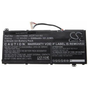 <b>Opis:</b><br><ul><li>Nadomestna baterija je izdelana po zasnovi in tehnologiji nemškega proizvajalca VHBW, kar zagotavlja odlično kvaliteto<br></li><li>Najsodobnejša tehnologija omogoča veliko ciklov polnjenja in praznjenja<br></li><li>Li-Ion celice so prijazne okolju, obenem pa zagotavljajo delovanje brez spominskega učinka<br></li><li>Termično stikalo ščiti baterijske celice pred pregrevanjem, prenapolnitvijo in kratkim stikom<br></li><li>Visoka kapaciteta baterije, podaljšan čas delovanja pri mirovanju naprave, zelo počasno samopraznjenje<br></li><li>100% kompatibilnost z originalno baterijo</li><li>Baterijo polnimo z originalnim ali nadomestnim polnilcem</li><li>Certifikati CE in ROHS</li></ul><br><p><b>Originalne oznake:</b><br></p><ul><li>3ICP7/61/80<br></li><li>AC17A8M</li></ul><br><p><b>Primerno za:</b></p><ul></ul><br>Acer:<br><ul><li>SF314-52-57EJ, SP314-52, SP314-52-30SD, SP314-52-34M3, SP314-52-36PS, SP314-52-501M, SP314-52-50HT, SP314-52-51K3, SP314-52-54R2, SP314-52-58AR, Spin 3 SP314-52, Spin 3 SP314-52-30SD, Spin 3 SP314-52-31FP, Spin 3 SP314-52-331FP, Spin 3 SP314-52-34M3, Spin 3 SP314-52-34UD, Spin 3 SP314-52-359F, Spin 3 SP314-52-35AH, Spin 3 SP314-52-37MH, SPIN 3 SP314-52-37XY, Spin 3 SP314-52-50HT, Spin 3 SP314-52-518G, Spin 3 SP314-52-52JK, Spin 3 SP314-52-549T, Spin 3 SP314-52-54R2, Spin 3 SP314-52-5565, Spin 3 SP314-52-57FR, Spin 3 SP314-52-585L, Spin 3 SP314-52-58AR, Spin 3 SP314-52-599W, Spin 3 SP314-52-59LS, Spin 3 SP314-52-59XY, Spin SP314-52-518G</li><li>TMX3410-M-38VP, TMX3410-M-50AR, TMX3410-MG-51V0, TravelMate X3410, TravelMate X3410-M, TravelMate X3410-M-30Q6, TravelMate X3410-M-33W6, TravelMate X3410-M-507D, TravelMate X3410-M-50AR, TravelMate X3410-M-50DD, TravelMate X3410-M-51XY, TravelMate X3410-M-52C5, TravelMate X3410-M-540B, TravelMate X3410-M-543C, TravelMate X3410-M-55NE, TravelMate X3410-M-5608, TravelMate X3410-M-56EC, TravelMate X3410-M-591R, TravelMate X3410-M-59HE, TravelMate X3410-M-8357, TravelMate X3410-M-83GD, TravelMate X3410-M-84LE, TravelMate X3410-M-85VQ, TravelMate X3410-M-866T, TravelMate X3410-M-880G, TravelMate X3410-MG, TravelMate X3410-MG-50LB, TravelMate X3410-MG-566U, TravelMate X3410-MG-59Z5, TravelMate X3410-MG-81EB, TravelMate X3410-MG-82TS, TravelMate X3410-MG-83LF, TravelMate X3410-MG-89LZ</li></ul><br><b>Lastnosti:</b><ul><li>Proizvajalec: VHBW</li><li>Vrsta: Li-Polymer</li><li>Napetost: 11,55 V</li><li>Kapaciteta: 11,55 V</li></ul><br>