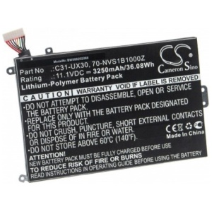 <b>Opis:</b><br><ul><li>Nadomestna baterija je izdelana po zasnovi in tehnologiji nemškega proizvajalca VHBW, kar zagotavlja odlično kvaliteto<br></li><li>Najsodobnejša tehnologija omogoča veliko ciklov polnjenja in praznjenja<br></li><li>Li-Polymer  celice so prijazne okolju, obenem pa zagotavljajo delovanje brez spominskega učinka<br></li><li>Termično stikalo ščiti baterijske celice pred pregrevanjem, prenapolnitvijo in kratkim stikom<br></li><li>Visoka kapaciteta baterije, podaljšan čas delovanja pri mirovanju naprave, zelo počasno samopraznjenje<br></li><li>100% kompatibilnost z originalno baterijo</li><li>Baterijo polnimo z originalnim ali nadomestnim polnilcem</li><li>Certifikati CE in ROHS</li></ul><br><p><b>Originalne oznake:</b></p><ul><li>70-NVS1B1000Z</li><li>C31UX30<br></li><li>C31-UX30</li><li>PP625289AB-3250</li></ul><br><br><p><b>Primerno za:</b></p><ul></ul><br>Asus:<br><ul><li>UX30, UX30-1A, UX30-1B, UX30-2A, UX30-a1, UX30KA, UX30KU, UX30-qx005c, UX30-qx007e, UX30-QX011C, UX30-qx011e, UX30-qx015c, UX30-QX031C, UX30-QX036C, UX30-QX054V, UX30-QX054X, UX30-QX062C, UX30-QX062R, UX30-QX078X, UX30-QX079V, UX30-QX082X, UX30-QX084C, UX30-qx087x, UX30-QX115C, UX30S<br></li></ul><br><b>Lastnosti:</b><ul><li>Proizvajalec: VHBW</li><li>Barva: črna</li><li>Vrsta: Li-Polymer</li><li>Napetost: 11,1 V</li><li>Kapaciteta: 3.250 mAh (36,08 Wh)</li></ul><br>