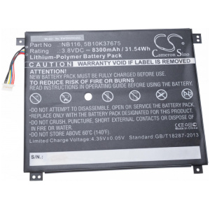 <br><b>Opis:</b><br><ul><li>Nadomestna baterija je izdelana po zasnovi in tehnologiji nemškega proizvajalca VHBW, kar zagotavlja odlično kvaliteto<br></li><li>Najsodobnejša tehnologija omogoča veliko ciklov polnjenja in praznjenja<br></li><li>Li-Polymer celice so prijazne okolju, obenem pa zagotavljajo delovanje brez spominskega učinka<br></li><li>Termično stikalo ščiti baterijske celice pred pregrevanjem, prenapolnitvijo in kratkim stikom<br></li><li>Visoka kapaciteta baterije, podaljšan čas delovanja pri mirovanju naprave, zelo počasno samopraznjenje<br></li><li>100% kompatibilnost z originalno baterijo</li><li>Baterijo polnimo z originalnim ali nadomestnim polnilcem</li><li>Certifikati CE in ROHS</li></ul><br><br><p><b>Originalne oznake:</b><br></p><ul><li>1004036-196059-1<br></li><li>5B10K37675</li><li>NB116</li></ul><br><p><b>Primerno za:</b></p><p>Lenovo:</p><ul><li>IdeaPad 100S, IdeaPad 100S-11IBY 80R2, IdeaPad 100S-11IBY 80R2002HGE, IdeaPad 100S-11IBY 80R2002JGE, IdeaPad 100S-11IBY 80R2002KGE, IdeaPad 100S-11IBY 80R2002LGE, IdeaPad 100S-11IBY 80R200DHGE, IdeaPad 100S-80 R2</li></ul><br><br><b>Lastnosti:</b><ul><li>Proizvajalec: VHBW</li><li>Barva: črna</li><li>Vrsta: Li-Polymer</li><li>Napetost: 10,8 V</li><li>Kapaciteta: 2.200 mAh (24 Wh)</li><li>Število celic: 3</li></ul><br>