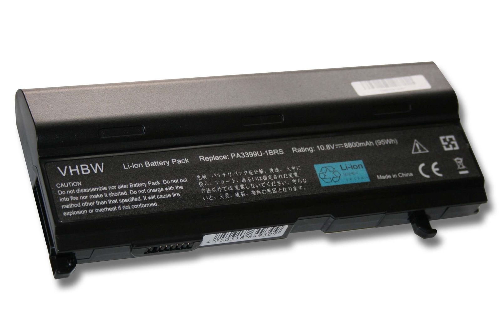 Opomba:Ta baterija ima večjo kapaciteto od originalne baterije in se njene dimenzije zato lahko nekoliko razlikujejo od originalnih. Običajno baterija štrli iz prenosnika za kakšen centimeter na spodnji ali zadnji strani prenosnika. Če vas zanimajo točne dimenzije baterije, vas prosimo, da nas pred nakupom kontaktirate.Opis:Nadomestna baterija je izdelana po zasnovi in tehnologiji nemškega proizvajalca VHBW, kar zagotavlja odlično kvalitetoNajsodobnejša tehnologija omogoča veliko ciklov polnjenja in praznjenjaLi-Ion celice so prijazne okolju, obenem pa zagotavljajo delovanje brez spominskega učinkaTermično stikalo ščiti baterijske celice pred pregrevanjem, prenapolnitvijo in kratkim stikomVisoka kapaciteta baterije, podaljšan čas delovanja pri mirovanju naprave, zelo počasno samopraznjenje100% kompatibilnost z originalno baterijoBaterijo polnimo z originalnim ali nadomestnim polnilcemCertifikati CE in ROHSOriginalne oznake:PA3399U-2BASPA3399U-1BASPA3399U-1BRSPA3399U-2BRSPA3400U-1BASPA3400U-1BRLPA3400U-1BRSPA3478U-1BASPA3478U-1BRSPABAS057PABAS069PABAS076PABAS077PA3465U-1BRSPrimerno za:Toshiba Satellite:A80-116, A80-SP107, A80-117, A80-121, A80-122, A80-129, A80-140, A80-142, A80-144, A80-154, A80-168, A80-169, A100-02B, A100-151, A100-153, A100-163, A100-165, A100-169, A100-181, A100-188, A100-212, A100-225, A100-241, A100-274, A100-287, A100-290, A100-508, A100-521, A100-522, A100-523, A100-551, A100-583, A100-590, A100-661, A100-662, A100-688, A100-691, A100-692, A100-694, A100-717, A100-720, A100-756, A100-761, A100-ST1041, A100-ST1042, A100-ST2311, A100-ST3211, A100-ST8211, A105-S4001, A105-S4004, A105-S4012, A105-S4024, A105-S4034, A105-S4054, A105-S4064, A105-S4074, A105-S4084, A105-S4092, A105-S4094, A105-S4102, A105-S4114, A105-S4132, A105-S4134, A105-S4184, A105-S4244, A105-S4254, A105-S4274, A105-S4284, A105-S4324, A105-S4334, A105-S4342, A105-S4344, A105-S4364, A105-S4384, A105-S4397, A105-S4547, M40-102, M40-103, M40-129, M40-135, M40-136, M40-140, M40-149, M40-152, M40-154, M40-183, M40-192, M40-197, M40-221, M40-225, M40-236, M40-241, M40-243, M40-244, M40-245, M40-264, M40-265, M40-300, M40-307, M40-313, M40-S331, M40-S351, M40-S3511, M40-S4111TD, M40-S4172TD, M45-S269, M45-S2691, M45-S359, M45-S3591, M50-04N01N, M50-0TG01D, M50-0TJ01E, M50-0YU01N, M50-105, M50-109, M50-122, M50-130, M50-138, M50-141, M50-142, M50-143, M50-156, M50-157, M50-159, M50-161, M50-181, M50-182, M50-198, M50-215, M50-226, M50-231, M50-S4182TD, M50-S418TD, M50-S5181TD, M50-S5181TQ, M55-S325, M55-S3251, M55-S329, M55-S3291, M55-S331, M55-S3311, M100-ST5111, M100-ST5211, M105-S3001, M105-S3002, M105-S3004, M105-S3011, M105-S3012, M105-S3021, M105-S3031, M105-S3041, M105-S3064, M105-S3084, M115-S3094, M115-S3104, M115-S3144, M115-S3154, A100-532, A110-117, A120-102, M40-301, M70-134 Toshiba Satellite Pro:A100-532, A110-117, A120-102, M40-301, M70-134Toshiba Dynabook:CX/45A, CX/47A, CX/855LS, CX/875LS, CX/955LS, CX/975LS, Satellite AW3, TX/66A, TX/67A, TX/870LSFIFA, TX/880LS, TX/980LS, VX/4, VX/5, VX/780LSToshiba Tecra:S2-107, S2-128, S2-131, S2-155, S2-159, S2-175, A4-108, A4-109, A4-158, A4-161, A4-164, A4-171, A4-196, A4-212, A4-244, A4-257, A4-S312TD, A4-S313, A4-SP211, A5-122, A5-138, A5-155, A5-S116, A5-S416, A5-S516, A5-S6215TD, A6-104, A6-EZ6311, A6-EZ6312, A6-S513, A6-ST3112, A6-ST3512, A6-ST6315, A7-S612, A7-S712, A7-ST5112, A7-ST7711Toshiba Equium:A80, A100, A110, A110-233, A110-252, A110-276, A85, M100, M50, M70Lastnosti:Proizvajalec: VHBWBarva: črnaVrsta: Li-IonNapetost: 10,8 VKapaciteta: 8.800 mAh (95 Wh)Število celic: 12