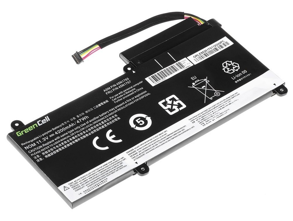 Opis:Nadomestna baterija je izdelana po zasnovi in tehnologiji proizvajalca Green Cell, kar zagotavlja odlično kvalitetoNajsodobnejša tehnologija omogoča veliko ciklov polnjenja in praznjenjaLi-Ion celice so prijazne okolju, obenem pa zagotavljajo delovanje brez spominskega učinkaTermično stikalo ščiti baterijske celice pred pregrevanjem, prenapolnitvijo in kratkim stikomVisoka kapaciteta baterije, podaljšan čas delovanja pri mirovanju naprave, zelo počasno samopraznjenje100% kompatibilnost z originalno baterijoBaterijo polnimo z originalnim ali nadomestnim polnilcemCertifikati CE in ROHSOriginalne oznake:45N175245N175345N1753 3INP7/38/64-2q45N175445N175545N175645N1757SB10F46460Primerno za:Lenovo:ThinkPad E450, ThinkPad E450 (20DCA001CD), ThinkPad E450 (20DCA002CD), ThinkPad E450 (20DCA003CD), ThinkPad E450 (20DCA00BCD), ThinkPad E450 (20DCA00CCD), ThinkPad E450 (20DCA00FCD), ThinkPad E450 (20DCA00UCD), ThinkPad E450 (20DCA00YCD), ThinkPad E450 (20DCA01HCD), ThinkPad E450 (20DCA01JCD), ThinkPad E450 (20DCA01KCD), ThinkPad E450 (20DCA01LCD), ThinkPad E450 (20DCA01MCD), ThinkPad E450 (20DCA01NCD), ThinkPad E450 (20DCA01PCD), ThinkPad E450 (20DCA01QCD), ThinkPad E450 (20DCA023CD), ThinkPad E450 (20DCA026CD), ThinkPad E450 (20DCA028CD), ThinkPad E450 (20DCA02FCD), ThinkPad E450 (20DCA02GCD), ThinkPad E450 (20DCA02LCD), ThinkPad E450 (20DCA02MCD), ThinkPad E450 (20DCA033CD), ThinkPad E450 (20DCA034CD), ThinkPad E450 (20DCA035CD), ThinkPad E450 (20DCA036CD), ThinkPad E450 (20DCA03ACD), ThinkPad E450 (20DCA03FCD), ThinkPad E450 (20DCA03GCD), ThinkPad E450 (20DCA03HCD), ThinkPad E450 (20DCA03XCD), ThinkPad E450 (20DCA04XCD), ThinkPad E450 (20DCA04YCD), ThinkPad E450 (20DCA050CD), ThinkPad E450 (20DCA05MCD), ThinkPad E450 (20DCA05NCD), ThinkPad E450 (20DCA05PCD), ThinkPad E450 (20DCA05SCD), ThinkPad E450 (20DCA06LCD), ThinkPad E450 (20DCA073CD), ThinkPad E450 (20DCA07JCD), ThinkPad E450 (20DCA07NCD), ThinkPad E450 (20DCA07XCD), ThinkPad E450 20DC003WUS, ThinkPad E450 20DC004CUS, ThinkPad E450C, ThinkPad E450C (20EH0000CD), ThinkPad E450C (20EH0001CD), ThinkPad E450C (20EHA000CD), ThinkPad E450C (20EHA001CD), ThinkPad E450C (20EHA002CD), ThinkPad E450C (20EHA003CD), ThinkPad E450C (20EHA007CD), ThinkPad E450C (20EHA008CD), ThinkPad E450C (20EHA00DCD), ThinkPad E450C (20EHA00JCD), ThinkPad E450C (20EHA00SCD), ThinkPad E450C (20EHA00TCD), ThinkPad E455, ThinkPad E455 (20DE0003CD), ThinkPad E455 (20DE000BCD), ThinkPad E455 (20DE000ECD), ThinkPad E455 (20DEA003CD), ThinkPad E455 (20DEA005CD), ThinkPad E455 (20DEA006CD), ThinkPad E455 (20DEA00MCD), ThinkPad E455 (20DEA00VCD), ThinkPad E455 (20DEA00WCD), ThinkPad E455 (20DEA00YCD), ThinkPad E455 (20DEA01FCD), ThinkPad E455 (20DEA01GCD), ThinkPad E460, ThinkPad E460 (20ET0020CD), ThinkPad E460 (20ET003YCD), ThinkPad E460 (20ET0040CD), ThinkPad E460 (20ET0044CD), ThinkPad E460 (20ET0045CD), ThinkPad E460 (20ETA0-0DCD), ThinkPad E460 (20ETA00DCD), ThinkPad E460 (20ETA00ECD), ThinkPad E460 (20ETA00FCD), ThinkPad E460 (20ETA00GCD), ThinkPad E460 (20ETA00HCD), ThinkPad E460 (20ETA011CD), ThinkPad E460 (20ETA013CD), ThinkPad E460 (20ETA014CD), ThinkPad E460 (20ETA015CD), ThinkPad E460 (20ETA016CD), ThinkPad E460 (20ETA01GCD), ThinkPad E460 (20ETA01HCD), ThinkPad E460 (20ETA01WCD), ThinkPad E460 (20ETA01XCD), ThinkPad E460 (20ETA01YCD), ThinkPad E460 (20ETA020CD), ThinkPad E460 (20ETA022CD), ThinkPad E460 (20ETA023CD), ThinkPad E460 (20ETA024CD), ThinkPad E460 (20ETA025CD), ThinkPad E460 (20ETA027CD), ThinkPad E460 (20ETA02FCD), ThinkPad E460 (20ETA02GCD), ThinkPad E460C, ThinkPad E465 (20EX0009US), ThinkPad E465 (20EX000AUS), ThinkPad E465 (20EX000EUS), ThinkPad E465 (20EX000MCD), ThinkPad E465 (20EXCTO1WW), ThinkPad T470p, ThinkPad T470p (20HDA01VCD), ThinkPad T470p (20J6A012CD), ThinkPad T470p (20J6A018CD), ThinkPad T470p (20J6A019CD), ThinkPad T470p (20J6A01CCD), Thinkpad Edge E450 i7-5500ULastnosti:Proizvajalec: Green CellBarva: črnaVrsta: Li-PolymerNapetost: 11,3 VKapaciteta: 4.200 mAh (47 Wh)