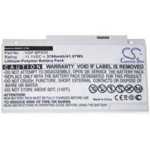 <b>Opis:</b><br><ul><li>Nadomestna baterija je izdelana po zasnovi in tehnologiji nemškega proizvajalca VHBW, kar zagotavlja odlično kvaliteto<br></li><li>Najsodobnejša tehnologija omogoča veliko ciklov polnjenja in praznjenja<br></li><li>Li-Polymer celice so prijazne okolju, obenem pa zagotavljajo delovanje brez spominskega učinka<br></li><li>Termično stikalo ščiti baterijske celice pred pregrevanjem, prenapolnitvijo in kratkim stikom<br></li><li>Visoka kapaciteta baterije, podaljšan čas delovanja pri mirovanju naprave, zelo počasno samopraznjenje<br></li><li>100% kompatibilnost z originalno baterijo</li><li>Baterijo polnimo z originalnim ali nadomestnim polnilcem</li><li>Certifikati CE in ROHS</li></ul><br><br><p><b>Originalne oznake:</b><br></p><ul><li>VGP-BPS33</li></ul><br><p><b>Primerno za:</b></p><p>Sony:</p><ul><li>Vaio SVT14 / Vaio SVT15, SVT1511M1E/S, Vaio SVT14118CCS, Vaio SVT15115CXS, Vaio SVT1511M1E, Vaio SVT14112CXS, Vaio SVT14113CNS, Vaio SVT14113CV, Vaio SVT14113CVS, Vaio SVT14113CX, Vaio SVT14115CV, Vaio SVT14115CVS, Vaio SVT14115CW, Vaio SVT14116PN, Vaio SVT14116PNS, Vaio SVT14117CGS, Vaio SVT14117CHS, Vaio SVT14117CW, Vaio SVT14117CXS, Vaio SVT14118CC, Vaio SVT14118CCS, Vaio SVT1411BPXS, Vaio SVT14123CNS, Vaio SVT14124CXS, Vaio SVT14125CXS, Vaio SVT14125PNS, Vaio SVT14126CNS, Vaio SVT14126CV, Vaio SVT14126CVS, Vaio SVT14126CW, Vaio SVT14126CXS, Vaio SVT14127CG, Vaio SVT14127CGS, Vaio SVT14127CH, Vaio SVT14127CHS, Vaio SVT14128CC, Vaio SVT141290X, Vaio SVT14129CC, Vaio SVT14129CCS, Vaio SVT141A11L, Vaio SVT141C11T, Vaio SVT15112CXS, Vaio SVT15113CDS, Vaio SVT15117CDS, Vaio SVT151190X, Vaio SVT1511ACXS, Vaio SVT1511M1E/S<br></li></ul><br><b>Lastnosti:</b><ul><li>Proizvajalec: VHBW</li><li>Barva: srebrna</li><li>Vrsta: Li-Polymer</li><li>Napetost: 11,1 V</li><li>Kapaciteta: 3.700 mAh (41,07 Wh)</li></ul><br>