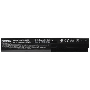 <b>Opis:</b><br><ul><li><b>Nadomestna baterija je zasnovana po tehnologiji nemškega proizvajalca Extensilo, kar zagotavlja premium kvaliteto. Baterija ima vgrajene Samsungove Li-Ion celice večje kapacitete (tip 18650-30A), saj so namesto običajnih celic kapacitete 2.200 mAh uporabljene zmogljivejše celice s kapaciteto 3.000 mAh. Zato ima baterija kljub nespremenjenim zunanjim dimenzijam precej večjo kapaciteto od originalne. To zagotavlja občutno daljši čas delovanja prenosnika (cca. 35%) med posameznimi cikli polnjenja.</b></li><li>Najsodobnejša tehnologija omogoča veliko ciklov polnjenja in praznjenja<br></li><li>Li-Ion celice so prijazne okolju, obenem pa zagotavljajo delovanje brez spominskega učinka<br></li><li>Termično stikalo ščiti baterijske celice pred pregrevanjem, prenapolnitvijo in kratkim stikom<br></li><li>Visoka kapaciteta baterije, podaljšan čas delovanja pri mirovanju naprave, zelo počasno samopraznjenje<br></li><li>100% kompatibilnost z originalno baterijo</li><li>Baterijo polnimo z originalnim ali nadomestnim polnilcem</li><li>Certifikati CE in ROHS</li></ul><br><p><b>Originalne oznake:</b><br></p><ul><li>0B110-00140100E-A1A11-205-003U</li><li>A31-X401</li><li>A32-X401</li><li>A41-X401</li><li>A42-X401<br></li></ul><br><p><b>Primerno za:</b></p>Asus:<br><ul><li>F301, F301A, F301A1, F301U, F401, F401A, F401A1, F401U, F501, F501A, F501A1, F501U, S301, S301A, S301A1, S301U, S401, S401A, S401A1, S401U, S501, S501A, S501A1, S501U, X301, X301A, X301A1, X301U, X401, X401A, X401A1, X401U, X501, X501A, X501A1, X501U<br></li></ul><br><b>Lastnosti:</b><ul><li>Proizvajalec: Extensilo</li><li>Barva: črna</li><li>Vrsta: Li-Ion</li><li>Napetost: 11,1 V</li><li>Kapaciteta: 6.000 mAh</li><li>Število celic: 6</li></ul><br>