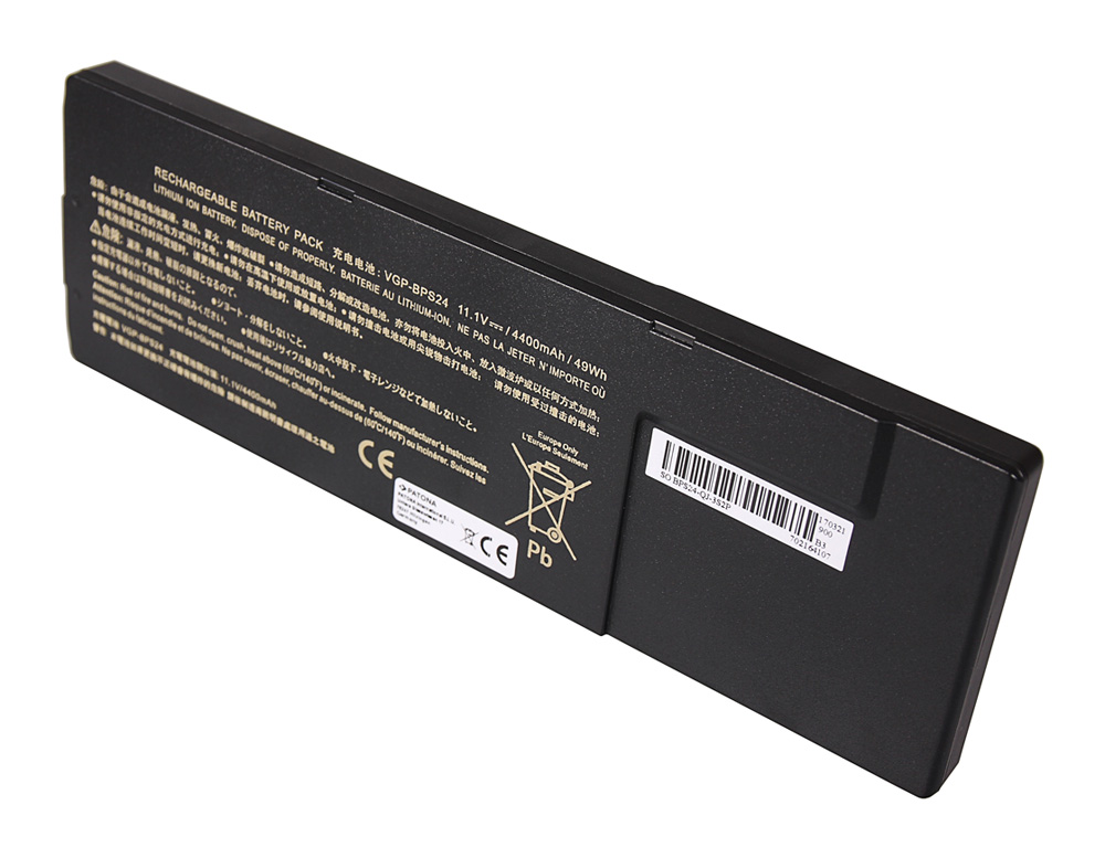 Opis:Nadomestna baterija je izdelana po zasnovi in tehnologiji nemškega proizvajalca Patona, kar zagotavlja odlično kvalitetoNajsodobnejša tehnologija omogoča veliko ciklov polnjenja in praznjenjaLi-Polymer celice so prijazne okolju, obenem pa zagotavljajo delovanje brez spominskega učinkaTermično stikalo ščiti baterijske celice pred pregrevanjem, prenapolnitvijo in kratkim stikomVisoka kapaciteta baterije, podaljšan čas delovanja pri mirovanju naprave, zelo počasno samopraznjenje100% kompatibilnost z originalno baterijoBaterijo polnimo z originalnim ali nadomestnim polnilcemCertifikati CE in ROHSOriginalne oznake:VGP-BPS24VGP-BPL24VGP-BPSC24Primerno za:Sony Vaio:PCG-41215L, PCG-41216L, PCG-41216W, PCG-41217, PCG-41217L, SVS13112EGB, SVS13112EHW, SVS13112ENB, SVS13113FW, SVS13115GGB, SVS13115GNB, SVS13116FAB, SVS13116FFB, SVS13116FG, SVS13116FGB, SVS13117EC, SVS13117GAB, SVS13117GGB, SVS13117GW, SVS13118EC, SVS13118FJ, SVS13118FJ/B, SVS13118FJ/P, SVS13118FJ/S, SVS13118GG, SVS13118GGB, SVS13118GNB, SVS13118GW, SVS13119GJ, SVS13119GJ/B, SVS1311AJ, SVS1311F3E, SVS1311G3E, SVS1311J3E, SVS1311K9E, SVS1311N9E, SVS1311P9E, SVS131200C, SVS13123CH, SVS13123CHW, SVS13123CV, SVS13123CVB, SVS13123CW, SVS13123CW/R, SVS13125CA, SVS13125CAB, SVS13125CAR, SVS13125CAW, SVS13125CF, SVS13125CFB, SVS13125CG, SVS13125CGP, SVS13125CH, SVS13125CHB, SVS13125CN, SVS13125CNW, SVS13125CV, SVS13125CVB, SVS13125CVW, SVS13126PG, SVS13126PGR, SVS13126PN, SVS13126PNB, SVS13126PW, SVS13126PW/R, SVS13127CC, SVS13127CCB, SVS13127PA, SVS13127PAB, SVS13127PG, SVS13127PGB, SVS13127PN, SVS13127PNB, SVS13127PW, SVS13127PW/R, SVS13128CC, SVS13128CCB, SVS13129CC, SVS13129CCB, SVS13129CCW, SVS13129CJ, SVS13129CJB, SVS13129CJP, SVS13129CJS, SVS1312AJ, SVS13133CA, SVS13133CAB, SVS13133CAW, SVS13133CF, SVS13133CFB, SVS13133CG, SVS13133CV, SVS13133CVB, SVS13133CVW, SVS13136PA, SVS13136PAB, SVS13137PA, SVS13137PAB, SVS13137PG, SVS13137PGB, SVS13138CCB, SVS131C1DT, SVS131E21T, SVS13A100C, SVS13A15GGB, SVS13A15GHB, SVS13A15GNB, SVS13A15GW, SVS13A16GAB, SVS13A16GGB, SVS13A16GNB, SVS13A1AJ, SVS13A1S9E, SVS13A1T9E, SVS13A1V9E, SVS13A1X9E, SVS13A1Y9E, SVS13A1Z9E, SVS13A25PG, SVS13A25PGB, SVS13A25PW, SVS13A25PW/B, SVS13A26PG, SVS13A26PGB, SVS13A2AJ, SVS13A36PG, SVS13AA11T, SVS15115FGB, SVS15115FHB, SVS15115FNB, SVS15115FW, SVS15116GAB, SVS15116GG, SVS15116GGB, SVS15116GNB, SVS15116GW, SVS15118EC, SVS15118ECW, SVS15119FJ/B, SVS15119FJ/S, SVS1511AJ, SVS1511Q9E, SVS1511S1C, SVS1511S2C, SVS1511S3C, SVS1511S3R, SVS1511T9E, SVS1511V9E, SVS1511X9E, SVS15125CH, SVS15125CHB, SVS15125CN, SVS15125CNB, SVS15125CV, SVS15125CVB, SVS15125CW, SVS15125CW/B, SVS15126PA, SVS15126PAB, SVS15126PG, SVS15126PGB, SVS15126PW, SVS15126PW/B, SVS15128CC, SVS15128CCB, SVS15128CCW, SVS15129CJB, SVS15129CJS, SVS1512AJ, SVS1512S, SVS1512S1C, SVS1512S1ES, SVS15136PA, SVS15136PAB, SVS15136PG, SVS15136PGB, SVS15138CCW, SVS151C1GT, VPC-SA23GW/BI, VPC-SA23GW/T, VPC-SA25EC, VPC-SA25EC/SI, VPC-SA25GG/BI, VPC-SA25GG/T, VPC-SA25GH/T, VPC-SA26GA/BI, VPC-SA26GG/BI, VPC-SA26GG/T, VPC-SA26GW/T, VPC-SA27GC, VPC-SA27GC/BI, VPC-SA28GA/BI, VPC-SA28GA/T, VPC-SA28GG, VPC-SA28GG/BI, VPC-SA28GW/T, VPC-SA2AJ, VPC-SA2Z9E, VPC-SA33GW/BI, VPC-SA33GW/T, VPC-SA35GG/T, VPC-SA35GH/T, VPC-SA36GA/BI, VPC-SA36GG, VPC-SA36GG/BI, VPC-SA36GH/BI, VPC-SA36GW/BI, VPC-SA38GA/X, VPC-SA38GG, VPC-SA38GG/X, VPC-SA38GW/X, VPC-SA3M9E, VPC-SA3N9E, VPC-SA3S9E, VPC-SA3T9E, VPC-SA3X9E, VPC-SA3Z9E, VPC-SA400C, VPC-SA45EC, VPC-SA45EC/SI, VPC-SA47GC, VPC-SA47GC/SI, VPC-SA4AJ, VPC-SA4C5E, VPC-SA4S, VPC-SA4S1C CN1, VPC-SA4W9E, VPC-SB11FX/B, VPC-SB11FX/W, VPC-SB11FXB, VPC-SB11FXP, VPC-SB16FA/B, VPC-SB16FF/B, VPC-SB16FG, VPC-SB16FG/B, VPC-SB16FG/L, VPC-SB16FG/P, VPC-SB16FG/S, VPC-SB16FG/W, VPC-SB16FGL, VPC-SB16FGP, VPC-SB16FGS, VPC-SB16FGW, VPC-SB16FH/L, VPC-SB16FH/P, VPC-SB16FH/W, VPC-SB16FW/B, VPC-SB16FW/S, VPC-SB16FW/W, VPC-SB17GG/B, VPC-SB17GG/S, VPC-SB17GGB, VPC-SB17GGS, VPC-SB17GW/S, VPC-SB18FJ/B, VPC-SB18FJ/P, VPC-SB18FJ/W, VPC-SB18GA/B, VPC-SB18GG, VPC-SB18GG/B, VPC-SB18GG/S, VPC-SB18GGB, VPC-SB18GH/B, VPC-SB18GW/B, VPC-SB190S, VPC-SB190X, VPC-SB19FJ/B, VPC-SB19GG, VPC-SB19GG/B, VPC-SB19GGB, VPC-SB19GW/B, VPC-SB1A9E, VPC-SB1A9E/B, VPC-SB1AFJ, VPC-SB1AGJ, VPC-SB1AGJA, VPC-SB1AGX/B, VPC-SB1AHJ, VPC-SB1B9E, VPC-SB1B9E/B, VPC-SB1BGX/B, VPC-SB1C5E, VPC-SB1S1E, VPC-SB1S1E/S, VPC-SB1S1E/W, VPC-SB1V9E, VPC-SB1V9E/B, VPC-SB1X9E/S, VPC-SB1Z9E, VPC-SB1Z9E/B, VPC-SB25FA/B, VPC-SB25FA/L, VPC-SB25FA/W, VPC-SB25FG/B, VPC-SB25FG/L, VPC-SB25FG/P, VPC-SB25FG/S, VPC-SB25FG/W, VPC-SB25FH/L, VPC-SB25FH/P, VPC-SB25FH/S, VPC-SB25FH/W, VPC-SB25FW/B, VPC-SB25FW/L, VPC-SB25FW/P, VPC-SB25FW/S, VPC-SB25FW/W, VPC-SB26FA/S, VPC-SB26FF/B, VPC-SB26FG/B, VPC-SB26FG/L, VPC-SB26FG/P, VPC-SB26FG/S, VPC-SB26FG/W, VPC-SB26FW/B, VPC-SB27GA/B, VPC-SB27GG/B, VPC-SB27GG/S, VPC-SB27GH/B, VPC-SB27GW/S, VPC-SB28FJ/B, VPC-SB28FJ/L, VPC-SB28FJ/P, VPC-SB28FJ/W, VPC-SB28GA/B, VPC-SB28GF/B, VPC-SB28GG/B, VPC-SB28GG/S, VPC-SB28GW/B, VPC-SB29FJ/B, VPC-SB2AGJ/B, VPC-SB2AJ, VPC-SB2BGJ/B, VPC-SB2C5021B, VPC-SB2C5023W, VPC-SB2L1E, VPC-SB2M9E, VPC-SB35FA/L, VPC-SB35FG, VPC-SB35FG/B, VPC-SB35FH/P, VPC-SB35FW/B, VPC-SB35FW/L, VPC-SB35FW/P, VPC-SB35FW/R, VPC-SB35FW/S, VPC-SB35FW/W, VPC-SB36FA/R, VPC-SB36FG, VPC-SB36FG/R, VPC-SB36FH/R, VPC-SB36FN/B, VPC-SB36FW/B, VPC-SB36FW/P, VPC-SB36FW/W, VPC-SB37GA/B, VPC-SB37GG/S, VPC-SB37GH/B, VPC-SB37GW/S, VPC-SB38FJ/B, VPC-SB38FJ/L, VPC-SB38FJ/P, VPC-SB38FJ/W, VPC-SB38GA/B, VPC-SB38GG, VPC-SB38GG/B, VPC-SB38GH/B, VPC-SB38GW/B, VPC-SB39FJ/B, VPC-SB3L9E, VPC-SB3M9E, VPC-SB3N9E, VPC-SB3S9E, VPC-SB3T9E, VPC-SB3V9E, VPC-SB3X9E, VPC-SB47FJ/B, VPC-SB47FJ/P, VPC-SB47FJ/W, VPC-SB48GJ/B, VPC-SB49FJ/B, VPC-SB4AJ, VPC-SB4C5E, VPC-SB4L1E, VPC-SB4M9E, VPC-SB4N9E, VPC-SB4Q9E, VPC-SB4S9E, VPC-SB4V9E, VPC-SB4X9E, VPC-SD18EC, VPC-SD18EC/B, VPC-SD18EC/L, VPC-SD18EC/P, VPC-SD18EC/W, VPC-SD19EC, VPC-SD19EC/B, VPC-SD19EC/P, VPC-SD1S1C, VPC-SD1S1C CN1, VPC-SD1S2C, VPC-SD1S2C CN1, VPC-SD1S3C, VPC-SD1S3C CN1, VPC-SD1S4C, VPC-SD1S4C CN1, VPC-SD1S5C, VPC-SD1S5C CN1, VPC-SD27EC, VPC-SD27EC/B, VPC-SD27EC/L, VPC-SD27EC/P, VPC-SD27EC/W, VPC-SD28EC, VPC-SD28EC/B, VPC-SD28EC/W, VPC-SD29GC, VPC-SD29GC/B, VPC-SD29GC/P, VPC-SD400C, VPC-SD400C CN1, VPC-SD47EC, VPC-SD48EC; Sony VPC-SE Series VPC-SE15FG, VPC-SE15FG/B, VPC-SE15FH/B, VPC-SE16FW/B, VPC-SE16FW/S, VPC-SE17GA/B, VPC-SE17GG, VPC-SE17GG/B, VPC-SE17GW, VPC-SE17GW/B, VPC-SE19FJ/B, VPC-SE1E1E, VPC-SE1J1E, VPC-SE1L1E, VPC-SE1S1C, VPC-SE1S1C CN1, VPC-SE1S2C/3C, VPC-SE1S3C CN1, VPC-SE1S4C, VPC-SE1S4C CN1, VPC-SE1V9E, VPC-SE1X9E, VPC-SE1Z9E, VPC-SE26FW, VPC-SE28FJ/S, VPC-SE29FJ/B, VPC-SE2C5E, VPC-SE2E1E, VPC-SE2J9E, VPC-SE2L9E, VPC-SE2M9E, VPC-SE2S1C, VPC-SE2S1C CN1, VPC-SE2S1E, VPC-SE2S2C/3C, VPC-SE2S3C CN1, VPC-SE2V9ELastnosti:Proizvajalec: PatonaBarva: črnaVrsta: Li-PolymerNapetost: 11,1 VKapaciteta: 5.200 mAh (58 Wh)Število celic: 6