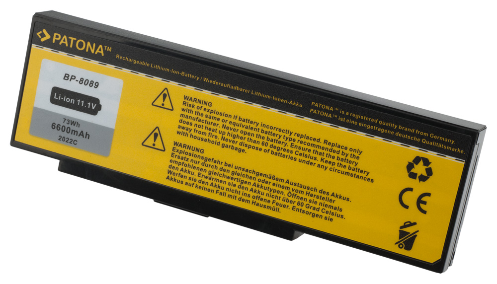 Opomba:Ta baterija ima večjo kapaciteto od originalne baterije in se njene dimenzije zato lahko nekoliko razlikujejo od originalnih. Običajno baterija štrli iz prenosnika za kakšen centimeter na spodnji ali zadnji strani prenosnika. Če vas zanimajo točne dimenzije baterije, vas prosimo, da nas pred nakupom kontaktirate.Opis:Nadomestna baterija je izdelana po zasnovi in tehnologiji nemškega proizvajalca Patona, kar zagotavlja odlično kvalitetoNajsodobnejša tehnologija omogoča veliko ciklov polnjenja in praznjenjaLi-Ion celice so prijazne okolju, obenem pa zagotavljajo delovanje brez spominskega učinkaTermično stikalo ščiti baterijske celice pred pregrevanjem, prenapolnitvijo in kratkim stikomVisoka kapaciteta baterije, podaljšan čas delovanja pri mirovanju naprave, zelo počasno samopraznjenje100% kompatibilnost z originalno baterijoBaterijo polnimo z originalnim ali nadomestnim polnilcemCertifikati CE in ROHSOriginalne oznake:BP-80898089P8089X8389BP-LYNBP-8389K70044267700000144267700000344267700000444267700000544267700000744267700001044267700001344268280000144268280000244268280000444268280000844268280001444268280001544268280001844268280002744268280003044268284Primerno za:Medion:MD41621, MD41638, MD8089, MD95062, MD95135, MD95144, MD95190, MD95383, MIM2040 (MDC4A), MIM2040 (MDC56), MIM2050 (MDC4A), MIM2050 (MDC56), MIM2050 (XG-60x), MIM2050 (XG-650), 8089, 8089P, 8389, 8889, K7600Fujitsu Siemens:Amilo K7600, K7600 D, K7610Packard Bell EasyNote:E1, E3, E5, E6, E1245, 1260, 1280, E3215, E3225, E3227, E3228, E3240, E3242, E3243, E3243, WE3244, E3244SE, E3245, E3246, E3248, E3248SE, E3250, E3255, E3256, E3258, E3265, E3266, E5138, E5141, E5142, E5145, E5146, E5147, E5151, E5155, E5155SEYakumo:Q7M 8089, Q7M Mobilium 3YW, Q7M Mobilium 3YW DE, Q8M Turion 64 YW , 8089Advent:8089, 8089P, 8389, 8889Gericom:Bellagio 1440,1540, GERICOM 8089, 8089P, 8389, 8889Mitac:MiNote 8089, 8089C, 8089P, 8389, 8889Maxdata:3140, 3150x, 3200x, M-Book 755Lastnosti:Proizvajalec: PatonaBarva: črnaVrsta: Li-IonNapetost: 11,1 VKapaciteta: 6.600 mAh (73 Wh)Število celic: 9