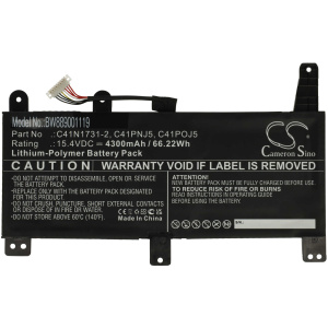 <b>Opis:</b><br><ul><li>Nadomestna baterija je izdelana po zasnovi in tehnologiji nemškega proizvajalca VHBW, kar zagotavlja odlično kvaliteto<br></li><li>Najsodobnejša tehnologija omogoča veliko ciklov polnjenja in praznjenja<br></li><li>Li-Polymer celice so prijazne okolju, obenem pa zagotavljajo delovanje brez spominskega učinka<br></li><li>Termično stikalo ščiti baterijske celice pred pregrevanjem, prenapolnitvijo in kratkim stikom<br></li><li>Visoka kapaciteta baterije, podaljšan čas delovanja pri mirovanju naprave, zelo počasno samopraznjenje<br></li><li>100% kompatibilnost z originalno baterijo</li><li>Baterijo polnimo z originalnim ali nadomestnim polnilcem</li><li>Certifikati CE in ROHS</li></ul><br><p><b>Originalne oznake:</b></p><ul><li>0B200-02940000<br></li><li>0B200-02990000<br></li><li>0B200-03400200<br></li><li>4ICP5/70/81<br></li><li>C41N1731-2<br></li><li>C41PNJ5<br></li><li>C41POJ5<br></li><li>CA436981G</li></ul><br><br><p><b>Primerno za:</b></p><ul></ul><br>Asus:<br><ul><li>G731GW, ROG SCAR II GL504GV-ES015T, ROG SCAR II GL764GW, ROG SCAR2-G715GV-EV023T, ROG STRIX G G531GU-AL013T, ROG STRIX G G531GU-AL237T, ROG STRIX G G531GU-ES511T, ROG STRIX G G531GV-AL022T, ROG STRIX G G531GV-AL317, ROG STRIX G G731GU-EV001T, ROG STRIX G G731GU-EV002, ROG STRIX G G731GU-EV038T, ROG STRIX G G731GV-EV094, ROG STRIX G G731GV-EV141T, ROG STRIX G G731GV-H7144T, ROG STRIX G G731GV-H7145, ROG STRIX G G731GV-H7168T, ROG STRIX G G731GV-H7237T, ROG STRIX G GL731GU, ROG STRIX G-G731GU-H7154T, ROG STRIX G15 G512LU-HN195T, ROG STRIX G15 G512LW, ROG STRIX G15 G512LW-AZ104R, ROG STRIX G15 G512LW-HN087, ROG STRIX G15 G512LW-XS78, ROG STRIX G17 G712, ROG STRIX G17 G712LU-EV057T, ROG STRIX G17 G712LU-EV071T, ROG STRIX G17 G712LU-EV108, ROG STRIX G17 G712LU-H7009T, ROG STRIX G17 G712LU-H7023T, ROG STRIX G17 G712LV-EV009T, ROG STRIX G17 G712LV-EV049T, ROG STRIX G17 G712LV-EV072T, ROG STRIX G17 G712LV-I7R2060, ROG STRIX G17 G712LW-EV024T, ROG STRIX G17 G712LW-EV077, ROG STRIX G17 G712LW-EV251T, ROG STRIX G17 G712LWS-EV027T, ROG STRIX G17 G712LWS-EV035, ROG STRIX G531GD-AL034T, ROG STRIX G531GT-79B15PS2 90NR01L3-M04470, ROG STRIX G531GT-BQ016T-BE 90NR01L3-M00430, ROG STRIX G531GT-BQ164T, ROG STRIX G531GT-BQ414T 90NR01L6-M09190, ROG STRIX G531GT-ES105T, ROG STRIX G531GU-79AT6CB2, ROG STRIX G531GU-AL001R, ROG STRIX G531GU-AL001T, ROG STRIX G531GU-AL003T, ROG STRIX G531GU-AL023, ROG STRIX G531GU-AL088T, ROG STRIX G531GU-AL496T, ROG STRIX G531GU-AZ288T, ROG STRIX G531GU-ES307T, ROG STRIX G531GU-G-0101C9750H, ROG STRIX G531GV 90NR01I1-M05210, ROG STRIX G531GV-AL052T, ROG STRIX G531GV-AL112T, ROG STRIX G531GV-AL144T, ROG STRIX G531GV-AZ158T, ROG STRIX G531GV-ES009, ROG STRIX G531GV-ES014T, ROG STRIX G531GV-SL450, ROG STRIX G531GW-AL023T, ROG STRIX G531GW-AL137 90NR01N3-M04780, ROG STRIX G531GW-AL203T, ROG STRIX G531GW-AZ014T, ROG STRIX G531GW-AZ113T, ROG STRIX G531GW-DB76, ROG STRIX G531GW-XB96, ROG STRIX G731, ROG STRIX G731GU-EV007T, ROG STRIX G731GV-EV141T, ROG STRIX G731GW, ROG STRIX G731GW-XB74, ROG STRIX GL504GM-0091B8750H, ROG STRIX GL504GM-BN328T, ROG STRIX GL504GM-ES052T, ROG STRIX GL504GM-ES158T, ROG STRIX GL504GM-ES170T, ROG STRIX GL504GM-ES177T, ROG STRIX GL504GM-ES192T, ROG STRIX GL504GM-ES258T, ROG STRIX GL504GM-ES300T, ROG STRIX GL504GM-ES399T, ROG STRIX GL504GS-DS74, ROG STRIX GL504GS-ES032T, ROG STRIX GL504GS-ES059T, ROG STRIX GL504GS-ES082T, ROG STRIX GL504GS-ES095T, ROG STRIX GL504GV-ES143T, ROG STRIX GL704, ROG STRIX GL704GV-EV052T, ROG STRIX HERO II G515GV-ES066R, ROG STRIX HERO II G515GV-ES077R, ROG STRIX HERO II GL504GV-ES003, ROG STRIX HERO II GL504GV-ES093T, ROG STRIX HERO III G731GU, ROG STRIX SCAR 15 G532, ROG STRIX SCAR 15 G532LV-AZ040T, ROG STRIX SCAR 15 G532LV-AZ052, ROG STRIX SCAR 15 G532LWS-AZ155T, ROG STRIX SCAR 15 G532LWS-AZ156T, ROG STRIX SCAR 15 G532LWS-HF079T, ROG STRIX SCAR 17 G732, ROG STRIX SCAR 17 G732LV-EV029T, ROG STRIX SCAR 17 G732LV-EV052T, ROG STRIX SCAR 17 G732LWS-HG013T, ROG STRIX SCAR 17 G732LWS-HG039T, ROG STRIX SCAR 17 G732LWS-HG045T-BE, ROG STRIX SCAR 17 G732LWS-XS98, ROG STRIX SCAR 17 G732LXS-HG014T, ROG STRIX SCAR 17 G732LXS-HG063T, ROG STRIX SCAR 17 G732LXS-HG114T, ROG STRIX SCAR G15 G532LWS-HF099T, ROG STRIX SCAR II G515GW-ES024T, ROG STRIX SCAR II G715GV-EV017T, ROG STRIX SCAR II G715GW-EV066T, ROG STRIX SCAR II GL504GM-ES155T, ROG STRIX SCAR II GL504GS-ES056T, ROG STRIX SCAR II GL504GV-ES020T, ROG STRIX SCAR II GL504GV-ES033T, ROG STRIX SCAR II GL504GW-ES011T, ROG STRIX SCAR II GL704GM-EV006T, ROG STRIX SCAR II GL704GM-EV021T, ROG STRIX SCAR II GL704GM-EV036T, ROG STRIX SCAR II GL704GM-EV071T, ROG STRIX SCAR II GL704GM-EV089T, ROG STRIX SCAR II GL704GV-EV016T, ROG STRIX SCAR II GL704GV-EV052T, ROG STRIX SCAR II GL704GW, ROG STRIX SCAR II GL704GW-EV005T, ROG STRIX SCAR II GL704GW-EV021T, ROG STRIX SCAR II GL704GW-EV022, ROG STRIX SCAR II GL704GW-EV022T, ROG STRIX SCAR II GL704GW-PS71, ROG STRIX SCAR III G531GW-AL137, ROG STRIX SCAR III G531GW-AZ014T, ROG STRIX SCAR III G531GW-AZ015T, ROG STRIX SCAR III G531GW-AZ054T, ROG STRIX SCAR III G531GW-AZ062T, ROG STRIX SCAR III G531GW-AZ073T, ROG STRIX SCAR III G531GW-AZ082R, ROG STRIX SCAR III G531GW-AZ096T, ROG STRIX SCAR III G531GW-AZ227T, ROG STRIX SCAR III G531GW-ES236T, ROG STRIX SCAR III G531GW-I7R2070, ROG STRIX SCAR III G531GW-KB71, ROG STRIX SCAR III G731GW-EV104T, ROG STRIX SCAR III G731GW-EV159T, ROG STRIX G G531GU-AL237T<br></li></ul><br><b>Lastnosti:</b><ul><li>Proizvajalec: VHBW</li><li>Vrsta: Li-Polymer</li><li>Napetost: 15,4 V</li><li>Kapaciteta: 4.300 mAh (66,22 Wh)</li></ul><br>