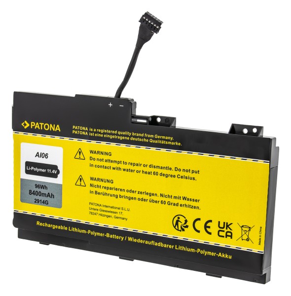 Opis:Nadomestna baterija je izdelana po zasnovi in tehnologiji nemškega proizvajalca Patona, kar zagotavlja odlično kvalitetoNajsodobnejša tehnologija omogoča veliko ciklov polnjenja in praznjenjaLi-Polymer celice so prijazne okolju, obenem pa zagotavljajo delovanje brez spominskega učinkaTermično stikalo ščiti baterijske celice pred pregrevanjem, prenapolnitvijo in kratkim stikomVisoka kapaciteta baterije, podaljšan čas delovanja pri mirovanju naprave, zelo počasno samopraznjenje100% kompatibilnost z originalno baterijoBaterijo polnimo z originalnim ali nadomestnim polnilcemCertifikati CE in ROHSOriginalne oznake:AI06XL808397-421HSTNN-C86CHSTNN-LB6X808451-001808451-002A106XLAI06096XLAI06096XL-PRPrimerno za:HP:ZBook 17 G3, ZBook 17 G3 V1Q04UT, ZBook 17 G3 V1Q08UT, ZBook 17 G3 T7V62ET, ZBook 17 G3 T7V67EA, ZBook 17 G3 V1Q05UT, ZBook 17 G3 X9T88UT, ZBook 17 G3 TZV66eA, ZBook 17 G3 M9L94AV, ZBook 17 G3 T7V64ET, ZBook 17 G3 V1Q00UT, ZBook 17 G3 V1Q07UT, ZBook 17 G3 Workstation, ZBook 17 G3 T7V61ET, ZBook 17 G3 T7V65ET, ZBook 17 G3(Y6J66ET), ZBook 17 G3 (T7V67EA), ZBook 17 G3(2QY22EC), ZBook 17 G3 (T7V65ET), ZBook 17 G3(Y6J68ET), ZBook 17 G3 (T7V61ET), ZBook 17 G3 (M9L94AV), ZBook 17 G3(M9L94AV), ZBook 17 G3 (V1Q08UT), ZBook 17 G3 (V1Q04UT), ZBook 17 G3 (V1Q07UT), ZBook 17 G3 (V1Q00UT), ZBook 17 G3 (V1Q05UT), ZBook 17 G3 (T7V64ET), ZBook 17 G3 (T7V62ET), ZBook 17 G3 (X9T88UT)Lastnosti:Proizvajalec: PatonaBarva: črnaVrsta: Li-PolymerNapetost: 11,4 VKapaciteta: 8.400 mAh (96 Wh)
