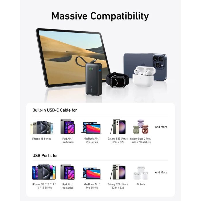 Anker 545 Nano powerbank 10K z vgrajenim kablom USB-C, črn - slika 4