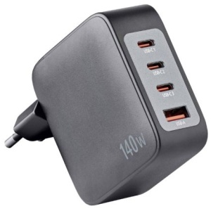 Intenso 140W GaN napajalnik s priključkom 3xUSB-C in 1xUSB-A ter priloženim 2M 200W USB-C kablom