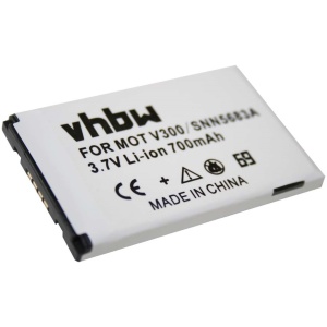 <b>Opis:</b><br><ul><li>Nadomestna baterija je izdelana po zasnovi in tehnologiji nemškega proizvajalca VHBW, kar zagotavlja odlično kvaliteto<br></li><li>Najsodobnejša tehnologija omogoča veliko ciklov polnjenja in praznjenja<br></li><li>Li-Ion celice so prijazne okolju, obenem pa zagotavljajo delovanje brez spominskega učinka<br></li><li>Termično stikalo ščiti baterijske celice pred pregrevanjem, prenapolnitvijo in kratkim stikom<br></li><li>Visoka kapaciteta baterije, podaljšan čas delovanja pri mirovanju naprave, zelo počasno samopraznjenje<br></li><li>100% kompatibilnost z originalno baterijo</li><li>Baterijo polnimo z originalnim ali nadomestnim polnilcem</li><li>Certifikati CE in ROHS</li></ul><br><br><p><b>Originalne oznake:</b></p><ul><li>BA600</li><li>SNN5222</li><li>SNN5653</li><li>SNN5654</li><li>SNN5674</li><li>SNN5683</li><li>SNN5685</li><li>SNN5704</li><li>SNN5705</li><li>SNN5706</li><li>SNN5716</li><li>SNN5717</li><li>SNN5723</li><li>SNN6383<br></li></ul><br><br><p><b>Primerno za:</b></p><p>Motorola:</p><ul><li>A630, A780, E550, E680, T280, V60, V60i, V300, V400, V400p, V500, V525, V550, V555, V600, V620, V635<br></li></ul><br><b>Lastnosti:</b><ul><li>Proizvajalec: VHBW</li><li>Vrsta: Li-Ion</li><li>Napetost: 3,7 V</li><li>Kapaciteta: 700 mAh (2,59 Wh)</li></ul><br>