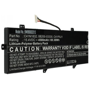 <b>Opis:</b><br><ul><li>Nadomestna baterija je izdelana po zasnovi in tehnologiji nemškega proizvajalca VHBW, kar zagotavlja odlično kvaliteto<br></li><li>Najsodobnejša tehnologija omogoča veliko ciklov polnjenja in praznjenja<br></li><li>Li-Polymer  celice so prijazne okolju, obenem pa zagotavljajo delovanje brez spominskega učinka<br></li><li>Termično stikalo ščiti baterijske celice pred pregrevanjem, prenapolnitvijo in kratkim stikom<br></li><li>Visoka kapaciteta baterije, podaljšan čas delovanja pri mirovanju naprave, zelo počasno samopraznjenje<br></li><li>100% kompatibilnost z originalno baterijo</li><li>Baterijo polnimo z originalnim ali nadomestnim polnilcem</li><li>Certifikati CE in ROHS</li></ul><br><p><b>Originalne oznake:</b></p><ul><li><li>0B200-03330</li><li>0B200-03330100</li><li>0B200-03630000</li><li>0B200-03630100</li><li>0B200-03630200</li><li>0B200-03630300</li><li>C41N1832</li><li>C41P0J1</li><li>C41POJ1</li></li></ul><br><br><p><b>Primerno za:</b></p><ul></ul><br>Asus:<br><ul><li><li>P3540FB, P3548FB, PE574FB, P574FB, PX574F, PX574FB8265, PX574FB8565</li><li>Pro P574FB, Pro P3540FA, Pro P3540FB, Pro P3548FB</li></li></ul><br><b>Lastnosti:</b><ul><li>Proizvajalec: VHBW</li><li>Vrsta: Li-Polymer</li><li>Napetost: 15,4 V</li><li>Kapaciteta: 4.500 mAh (69,3 Wh)</li></ul><br>