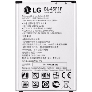 <b>Opis:</b><br><ul><li><b>Originalna baterija proizvajalca LG</b><br></li><li>Najsodobnejša tehnologija omogoča veliko ciklov polnjenja in praznjenja<br></li><li>Li-Ion celice so prijazne okolju, obenem pa zagotavljajo delovanje brez spominskega učinka<br></li><li>Termično stikalo ščiti baterijske celice pred pregrevanjem, prenapolnitvijo in kratkim stikom<br></li><li>Visoka kapaciteta baterije, podaljšan čas delovanja pri mirovanju naprave, zelo počasno samopraznjenje<br></li><li>Baterijo polnimo z originalnim ali nadomestnim polnilcem<br></li><li>Certifikati CE in ROHS</li><li>Bulk pakiranje<br></li></ul><br><br><p><b>Originalne oznake:</b><br></p><ul><li>BL-45F1F</li><li>EAC63382107</li><li>EAC63321601</li><li>EAC63361401</li><li>EAC63361407</li><li>EAC63382101</li><li>EAC63382101LL</li><li>EAC63382101LLL</li><li>EAC63821011LL</li></ul><br><p><b>Primerno za:</b></p>LG:<br><ul><li>Aristo, Aristo LTE, Fortune, K10 Pro 2017, K10 Pro 2017 Dual SIM, K10 Pro 2017 Dual SIM TD-LTE, K8 2017, L57BL, L58VL, LV3, M150, M153, M154, M200N, M210, M400AR, M400DF, M400DK, M400F, M400MT, M400N, M400Y, MS210, PH3, Phoenix 3, Rebel 2, Risio 2, Stylus 3, US215, X240, Aristo 2 Plus, DLGN5008, Fortune 2, K4 2017, K4X230TI, K8, K8+ 2018, K8+ 2018 LTE, K9 2018, K9 TV 2018, K9 TV 2018 Dual SIM LTE, LGL58VL, LG-M151, LG-X230YK, LMX210AP, LMX210BMW, LMX210CM, LMX210EM, LMX210EMW, LMX210MA, LMX210NMW, LMX210YMW, M160, M160E, M210N, MS210UK, Phoenix 4, Risio 3, STLGL58VCP, US215, X2 2018, X2 2018 LTE, X210APM, X210E, X210K, X210L, X210S, X210ULM, X210ULMA, X210ULMG, X212TAL, X230, X230DSF, X240dsF, K4 Fortune M153, Phoenix 3 M150, Fortune L57B, LV3 MS210, Fortune M153, Rebel 2 L58VL, Rebel 4 LML212VL, Aristo 2, Risio, Tribute</li></ul><br><b>Lastnosti:</b><ul><li>Proizvajalec: LG</li><li>Vrsta: Li-Ion</li><li>Napetost: 3,85 V</li><li>Kapaciteta: 2.410 mAh (9,3 Wh)</li></ul><br>