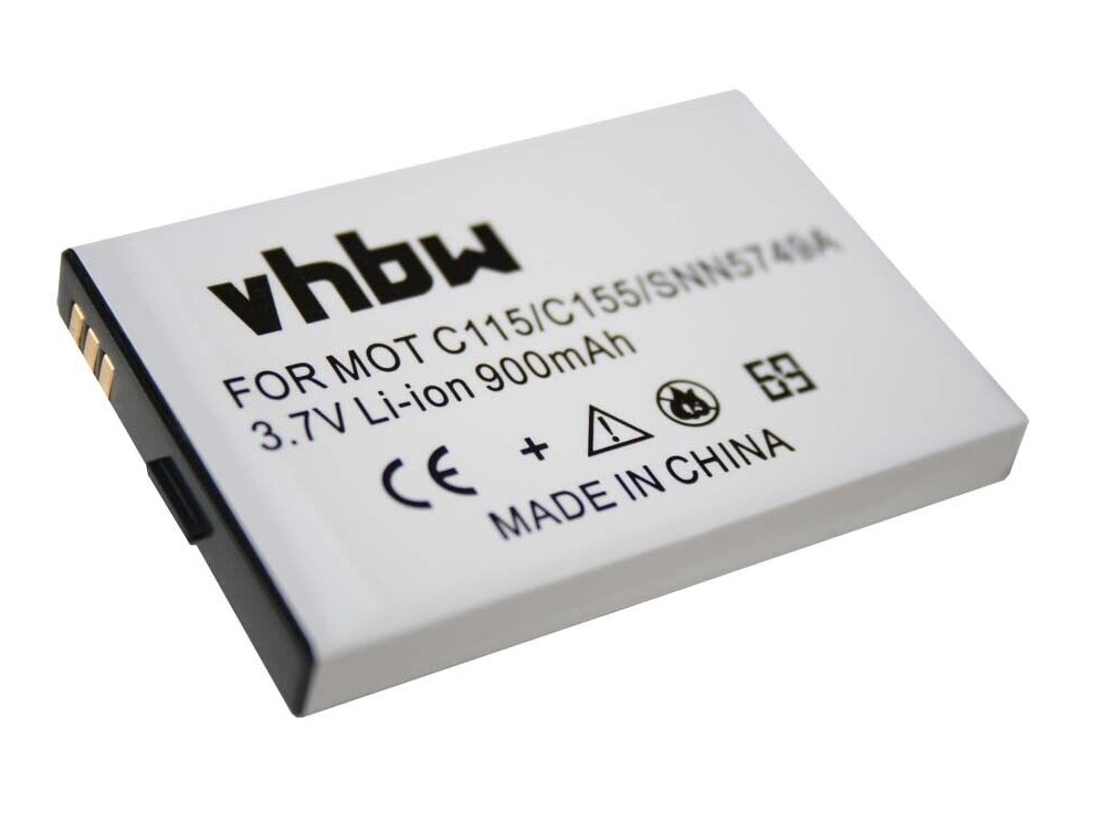 Opis:Nadomestna baterija je izdelana po zasnovi in tehnologiji nemškega proizvajalca VHBW, kar zagotavlja odlično kvalitetoNajsodobnejša tehnologija omogoča veliko ciklov polnjenja in praznjenjaLi-Ion celice so prijazne okolju, obenem pa zagotavljajo delovanje brez spominskega učinkaTermično stikalo ščiti baterijske celice pred pregrevanjem, prenapolnitvijo in kratkim stikomVisoka kapaciteta baterije, podaljšan čas delovanja pri mirovanju naprave, zelo počasno samopraznjenje100% kompatibilnost z originalno baterijoBaterijo polnimo z originalnim ali nadomestnim polnilcemCertifikati CE in ROHSOriginalne oznake:SNN5749APrimerno za:Motorola:C115, C116, C117, C118, C121, C139, C140, C155, C156, V171TCM Tchibo:Klapphandy 2, Klapphandy 202, Kompakt Handy 103, Kompakt Handy 104Lastnosti:Proizvajalec: VHBWVrsta: Li-IonNapetost: 3,7 VKapaciteta: 900 mAh (3,33 Wh)