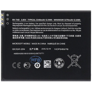 <b>Opis:</b><br><ul><li><b>Originalna baterija proizvajalca Nokia</b><br></li><li>Najsodobnejša tehnologija omogoča veliko ciklov polnjenja in praznjenja<br></li><li>Li-Ion celice so prijazne okolju, obenem pa zagotavljajo delovanje brez spominskega učinka<br></li><li>Termično stikalo ščiti baterijske celice pred pregrevanjem, prenapolnitvijo in kratkim stikom<br></li><li>Visoka kapaciteta baterije, podaljšan čas delovanja pri mirovanju naprave, zelo počasno samopraznjenje<br></li><li>Baterijo polnimo z originalnim ali nadomestnim polnilcem<br></li><li>Certifikati CE in ROHS</li></ul><br><br><p><b>Originalne oznake:</b></p><ul><li>BV-T4D<br></li></ul><br><p><b>Primerno za:</b></p><ul></ul><br>Nokia<br><ul><li>Lumia 950XL, Lumia 950 XL, Lumia 950 XL Dual Sim, Lumia Cityman</li></ul><br><b>Lastnosti:</b><ul><li>Proizvajalec: Nokia</li><li>Vrsta: Li-Ion</li><li>Napetost: 3,85 V</li><li>Kapaciteta: 3.340 mAh (12,9 Wh)</li></ul><br>