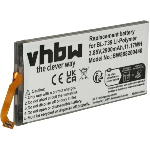 <b>Opis:</b><br><ul><li>Nadomestna baterija je izdelana po zasnovi in tehnologiji nemškega proizvajalca VHBW, kar zagotavlja odlično kvaliteto<br></li><li>Najsodobnejša tehnologija omogoča veliko ciklov polnjenja in praznjenja<br></li><li>Li-Polymer celice so prijazne okolju, obenem pa zagotavljajo delovanje brez spominskega učinka<br></li><li>Termično stikalo ščiti baterijske celice pred pregrevanjem, prenapolnitvijo in kratkim stikom<br></li><li>Visoka kapaciteta baterije, podaljšan čas delovanja pri mirovanju naprave, zelo počasno samopraznjenje<br></li><li>100% kompatibilnost z originalno baterijo</li><li>Baterijo polnimo z originalnim ali nadomestnim polnilcem</li><li>Certifikati CE in ROHS</li></ul><br><br><p><b>Originalne oznake:</b><br></p><ul><li>BL-T39<br></li><li>EAC63878401</li></ul><br><p><b>Primerno za:</b></p>LG:<br><ul><li>G7 Plus ThinQ, G7 Plus ThinQ Dual SIM, G7 Plus ThinQ Dual SIM TD-LTE, G7 ThinQ, G7 ThinQ Dual SIM, G7 ThinQ Dual SIM TD-LTE, G7 ThinQ LTE-A, G7+ ThinQ, G7+ ThinQ Dual SIM, G7+ ThinQ Dual SIM TD-LTE, G710EM, G710N, G710VMX, Judy, LMG710AWMH, LMG710EAW, LMG710EM, LMG710EMW, LMG710PM, LMG710TM, LMG710ULM, LMG710VM, Q7, Q610, LM-Q610, K40</li></ul><br><b>Lastnosti:</b><ul><li>Proizvajalec: VHBW</li><li>Vrsta: Li-Polymer</li><li>Napetost: 3,85 V</li><li>Kapaciteta: 2.900 mAh (11,17 Wh)</li></ul><br>