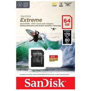 SanDisk Extreme microSDXC 64GB for Action Cams and Drones + SD Adapter 170MB/s & 80MB/s A2 C10 V30 U