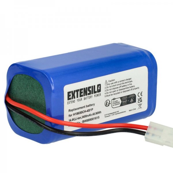 Opis:Baterija za robotske sesalnike XiaomiNadomestna baterija je izdelana po zasnovi in tehnologiji nemškega proizvajalca Extensilo, kar zagotavlja odlično kvalitetoNajsodobnejša tehnologija omogoča veliko ciklov polnjenja in praznjenjaLi-Ion celice so prijazne okolju, obenem pa zagotavljajo delovanje brez spominskega učinkaTermično stikalo ščiti baterijske celice pred pregrevanjem, prenapolnitvijo in kratkim stikomVisoka kapaciteta baterije, podaljšan čas delovanja pri mirovanju naprave, zelo počasno samopraznjenje100% kompatibilnost z originalno baterijoBaterijo polnimo z originalnim ali nadomestnim polnilcemCertifikati CE in ROHSOriginalne oznake:H18650CH-4S1PPrimerno za:Xiaomi:MiJia Mi Robot Vacuum-Mop Essential G1, MJSTG1, SKV4136GL, MiJia G1, Robot Vacuum E12Phicomm:X3Flyco:FC9601, FC9602Neatsvor:X500Puppy:R30, R35Panasonic:MC-WRC53Lastnosti:Proizvajalec: ExtensiloVrsta: Li-IonNapetost: 14,4 VKapaciteta: 3.200 mAh (46 Wh)