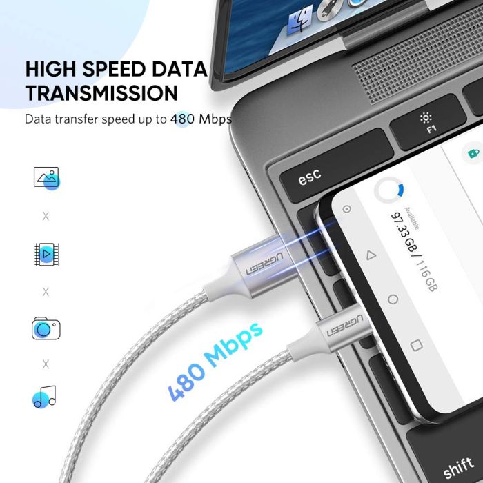 UGREEN USB 2.0 A na USB-C kabel 0.25m (bel) - polybag - slika 2