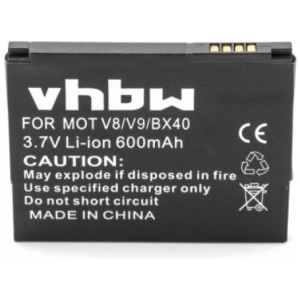 <b>Opis:</b><br><ul><li>Nadomestna baterija je izdelana po zasnovi in tehnologiji nemškega proizvajalca VHBW, kar zagotavlja odlično kvaliteto<br></li><li>Najsodobnejša tehnologija omogoča veliko ciklov polnjenja in praznjenja<br></li><li>Li-Ion celice so prijazne okolju, obenem pa zagotavljajo delovanje brez spominskega učinka<br></li><li>Termično stikalo ščiti baterijske celice pred pregrevanjem, prenapolnitvijo in kratkim stikom<br></li><li>Visoka kapaciteta baterije, podaljšan čas delovanja pri mirovanju naprave, zelo počasno samopraznjenje<br></li><li>100% kompatibilnost z originalno baterijo</li><li>Baterijo polnimo z originalnim ali nadomestnim polnilcem</li><li>Certifikati CE in ROHS</li></ul><br><br><p><b>Originalne oznake:</b></p><ul><li>BX40</li></ul><br><br><p><b>Primerno za:</b></p><p>Motorola:</p><ul><li>Razr2 V8, V9, U9, Zine ZN5<br></li></ul><br><b>Lastnosti:</b><ul><li>Proizvajalec: VHBW</li><li>Vrsta: Li-Ion</li><li>Napetost: 3,7 V</li><li>Kapaciteta: 600 mAh (2,22 Wh)</li></ul><br>