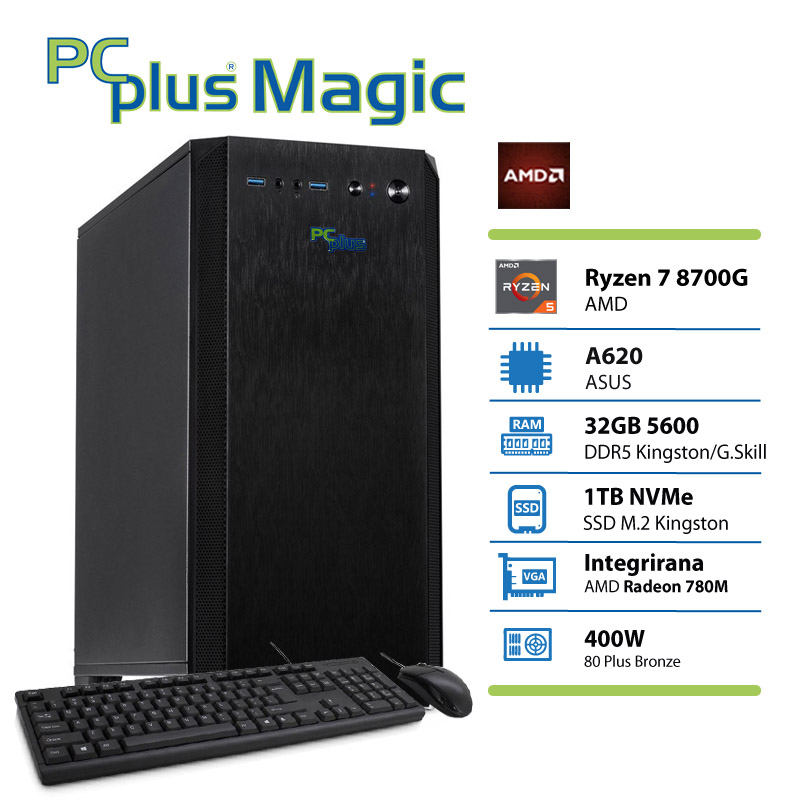 PCPLUS Magic Ryzen 7 8700G 32GB 1TB SSD Radeon 780M tipkovnica miška namizni računalnik