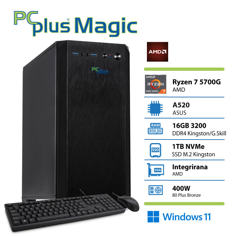 PCPLUS Magic Ryzen 7 5700G 16GB 1TB SSD Windows 11 Home tipkovnica miška namizni računalnik