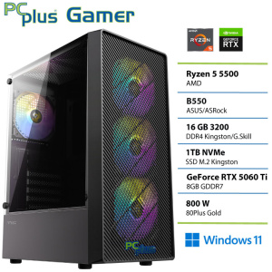 PCPLUS Gamer Ryzen 5 5500 16GB 1TB SSD RTX 5060Ti 8GB Windows 11 Home gaming namizni računalnik