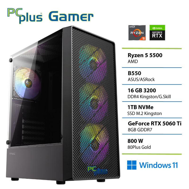 PCPLUS Gamer Ryzen 5 5500 16GB 1TB SSD RTX 5060Ti 8GB Windows 11 Home gaming namizni računalnik