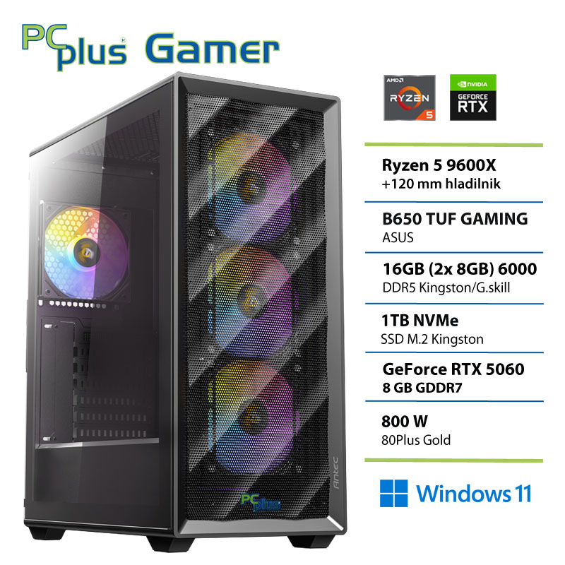 PCPLUS Gamer Ryzen 5 9600X 16GB 1TB SSD RTX 5060 8GB Windows 11 Home gaming namizni računalnik