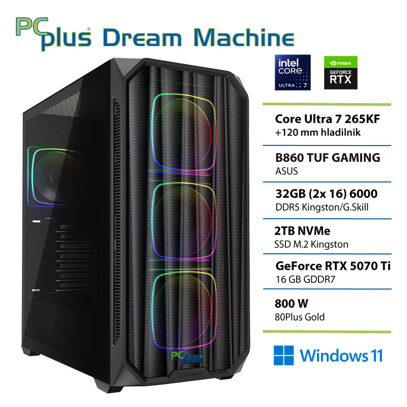 PCPLUS Dream Machine Ultra 7 265K 32GB 2TB SSD RTX 5070Ti 16GB Windows 11 Home gaming namizni računalnik