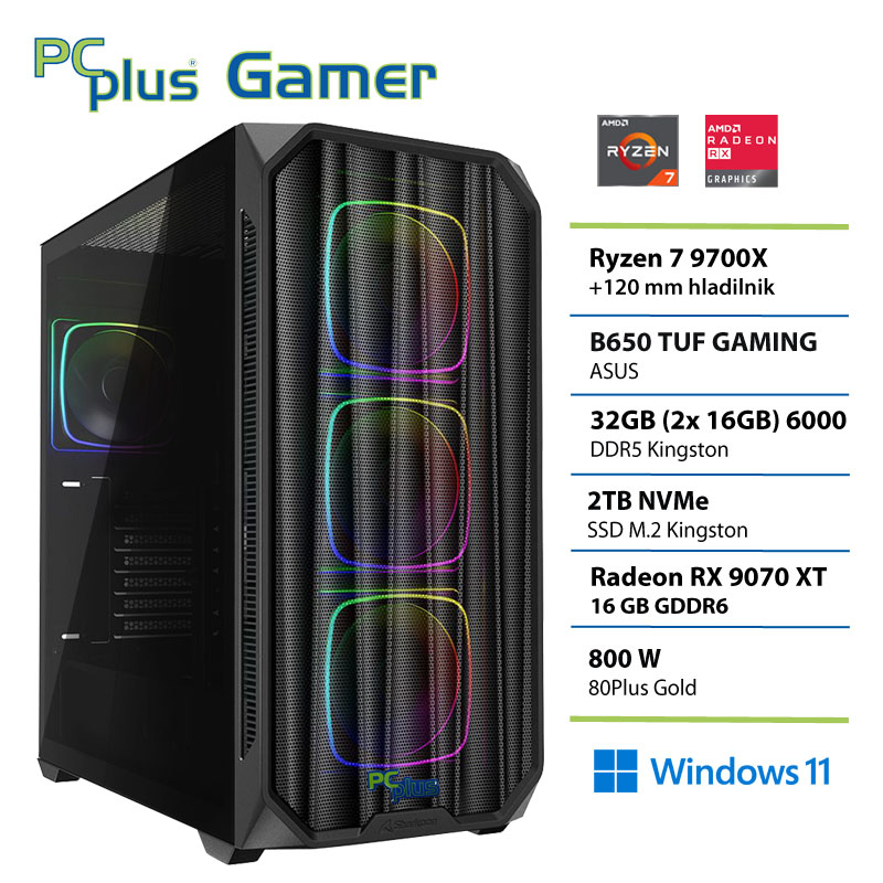 PCPLUS Gamer Ryzen 7 9700X 32GB 2TB SSD RX 9070XT Windows 11 Home gaming namizni računalnik